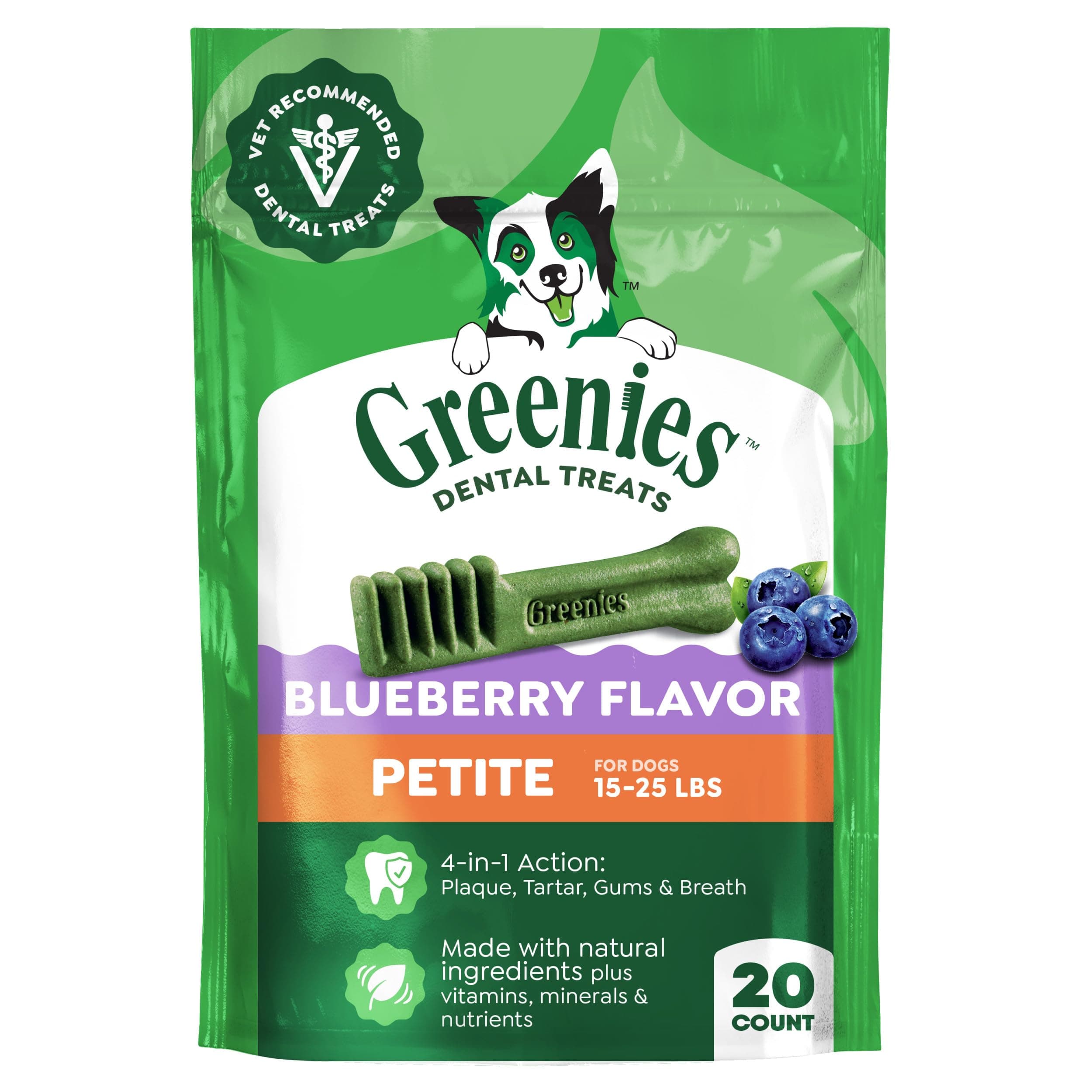 Petite Natural Dog Dental Care Chews Oral Health Dog Treats Blueberry Flavor, 12 oz. Pack (20 Treats)