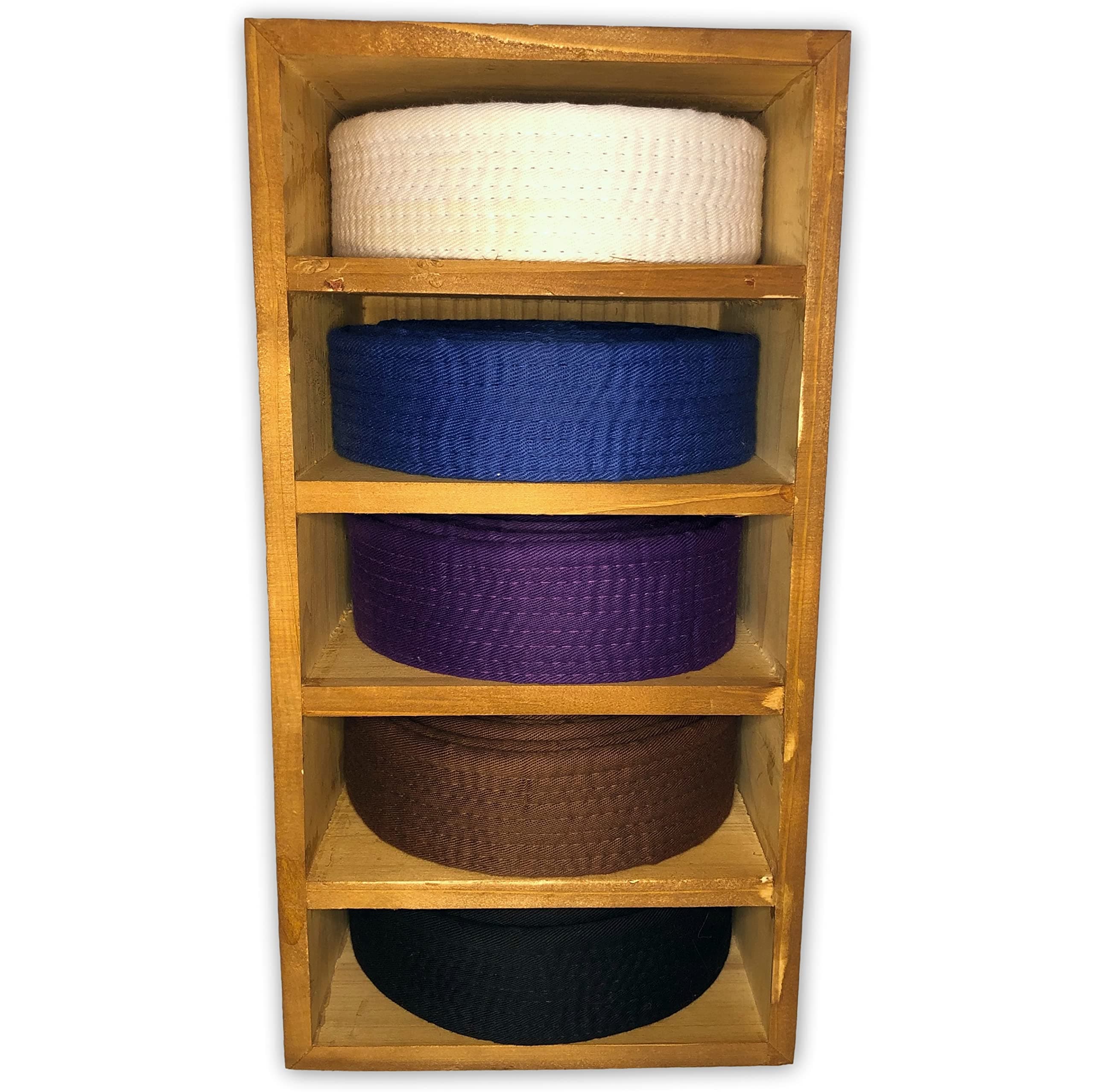 Brazilian Jiu Jitsu Belt Display | Belt Box | BJJ Belt Rack for 5 Belts | from White to Black Belt Hanger | Martial Arts Belt Holder Case | Gifts for Jiu Jitsu Practitioners | OSS