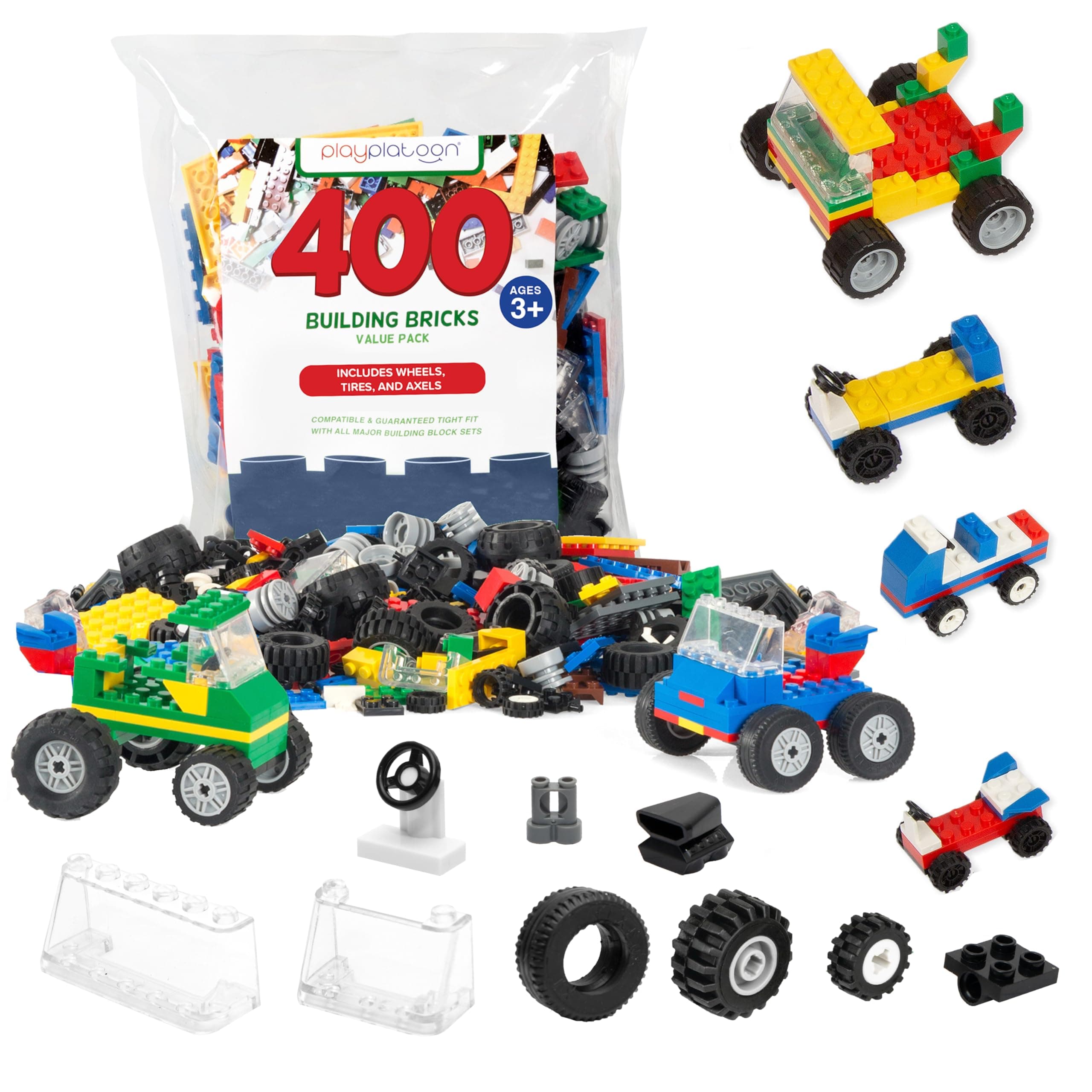 - Barcaloo 400 Piece Wheels and Axles Sets, Building Bricks Car Parts and Pieces Kit - Car Building Set with Wheels, Axles & Windshields and Bonus Bricks