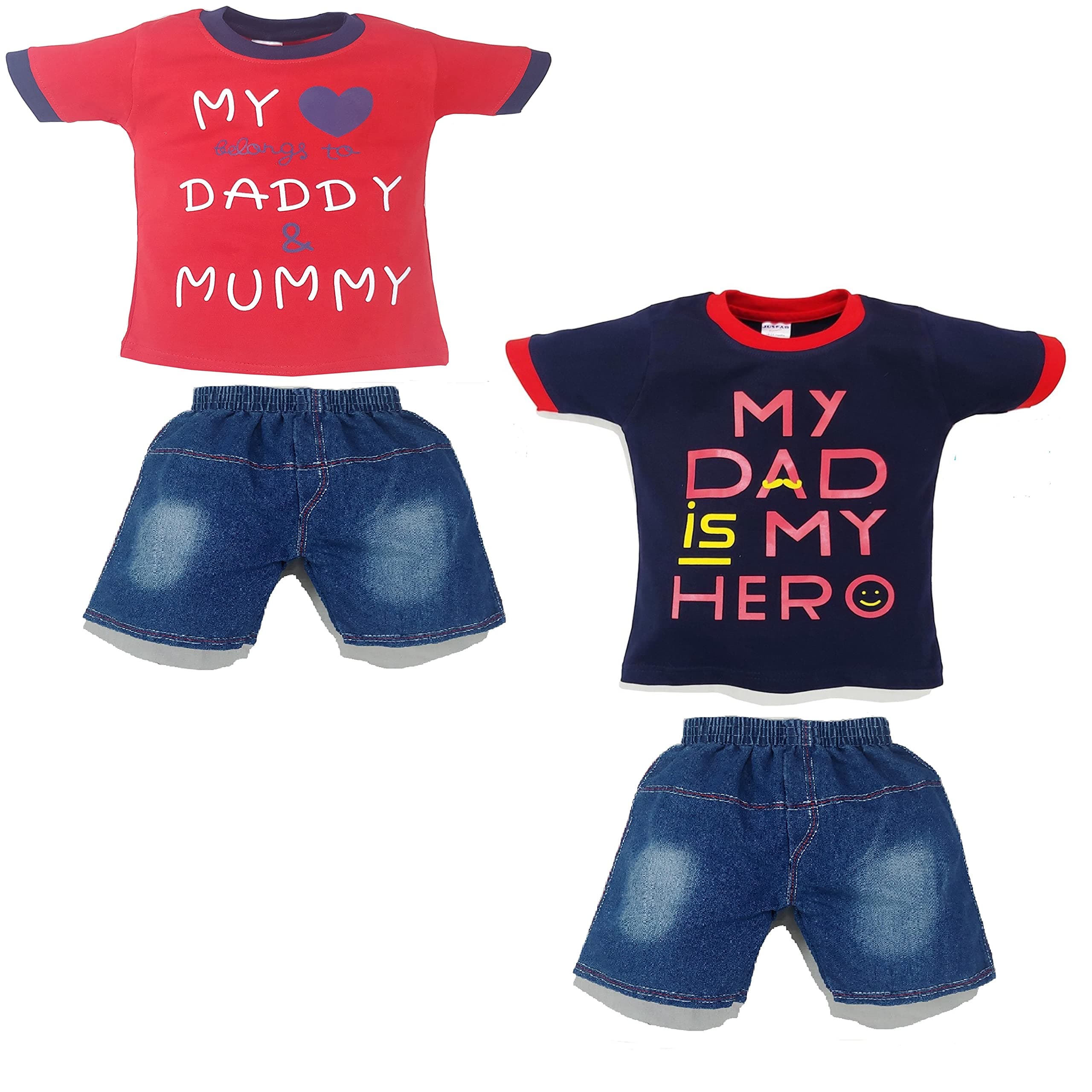JUSFAB Infant wear Printed Kidswear Baby Boy Girl Clothes Pure Cotton Tshirt Denim Shorts Pants Top Bottom Set Combo Pack of 2 Z-MLMD-R_MD-N-18-24m