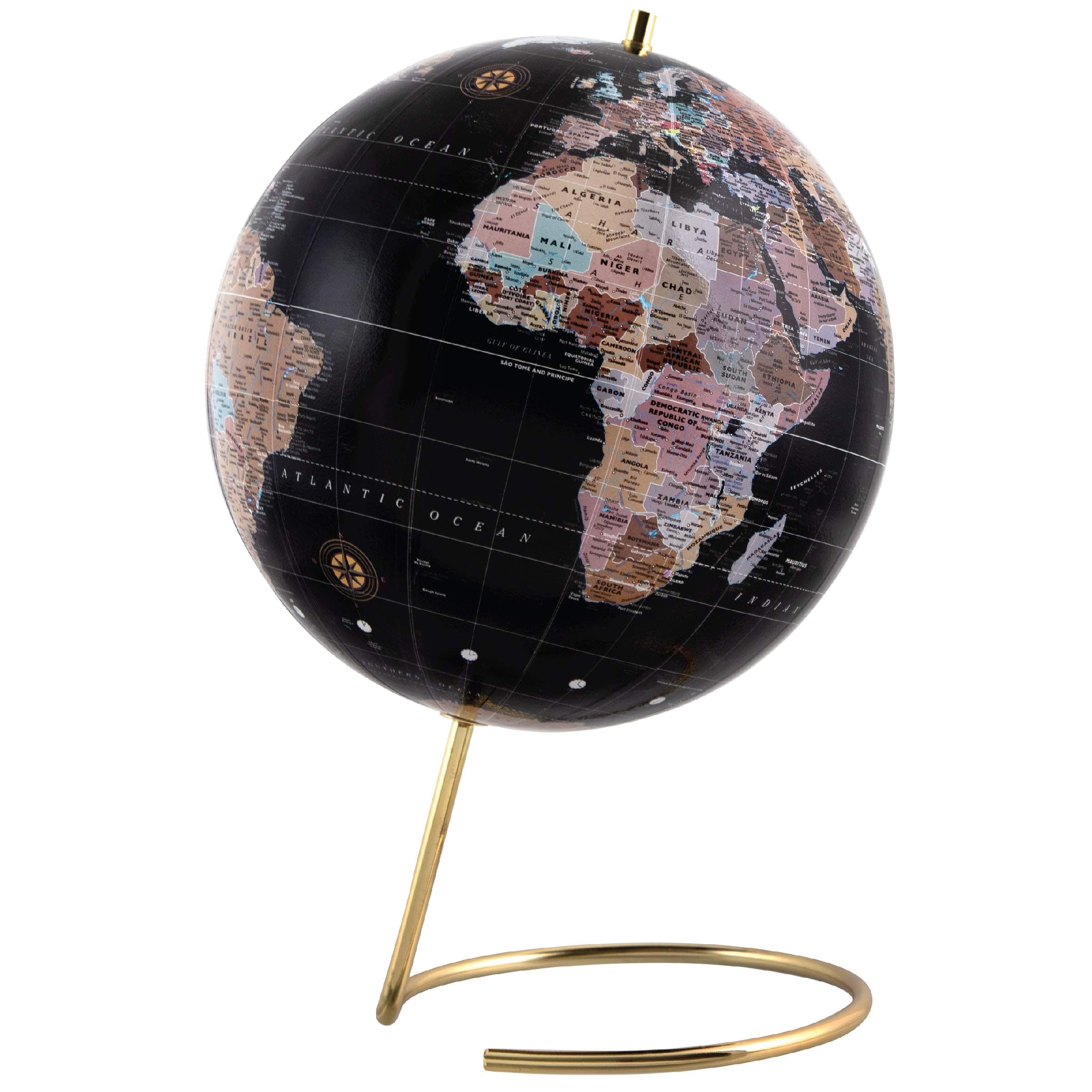 Refinery & Co. Desktop Globe, Vintage-Style Tabletop Home or Office Décor, Contemporary Decorative Spinning World with Gold Polished Brass Base, Best Wanderlust Gift for Traveler or Jetsetter