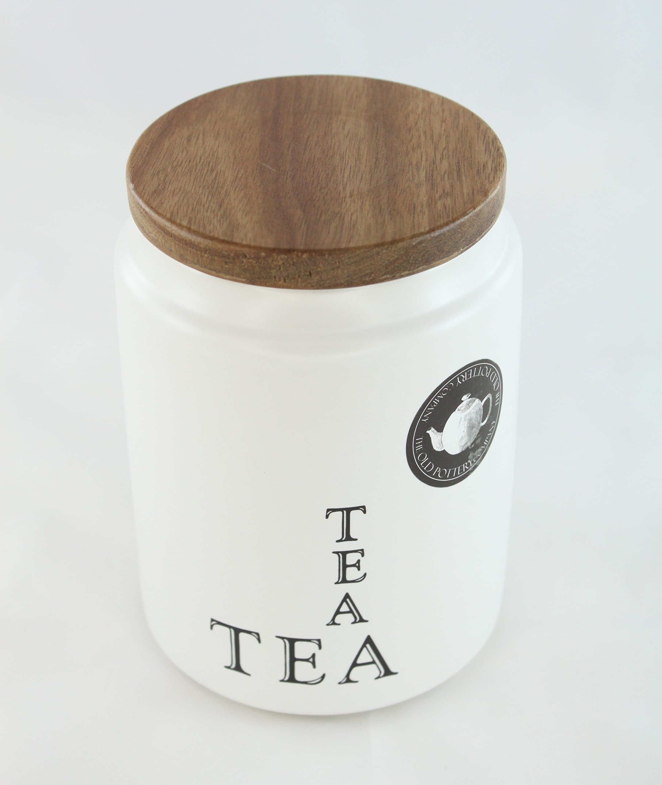 The Old Pottery Company Ceramic Canister Tea With Wood Lid - White