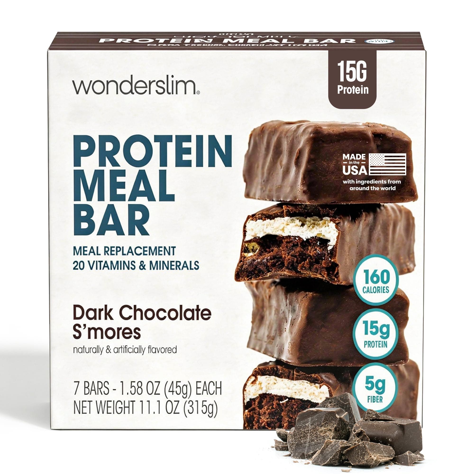 WonderSlim Meal Replacement Protein Bar, Dark Chocolate S'mores, 15g Protein, 20 Vitamins & Minerals (7ct)