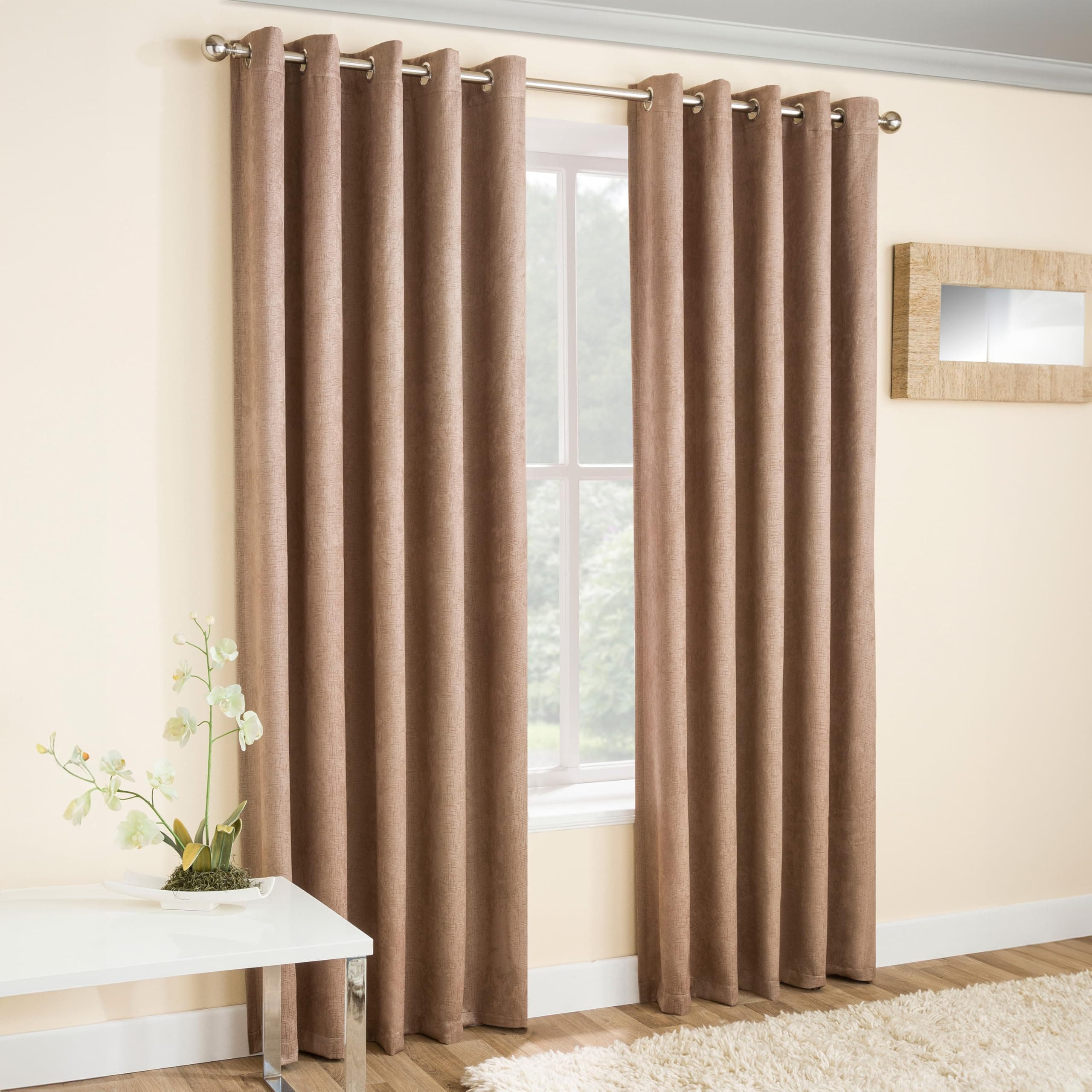 Enhanced Living Vogue Latte Natural 90 x 108 inch (229x274cm) Eyelet Thermal Noise Reducing Dim Out Curtains for Bedroom and Living Room