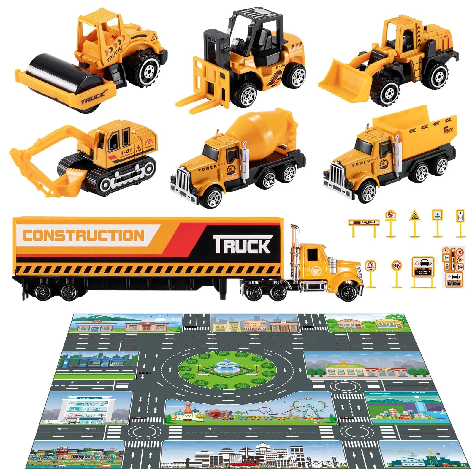 TEMI (Construction) - Diecast Engineering Construction Vehicle Toy Set w/ Play Mat, Truck Carrier, Forklift, Bulldozer, Road Roller, Excavator, Dump Truck, Tractor, Alloy Metal Car Play Set for Kid...