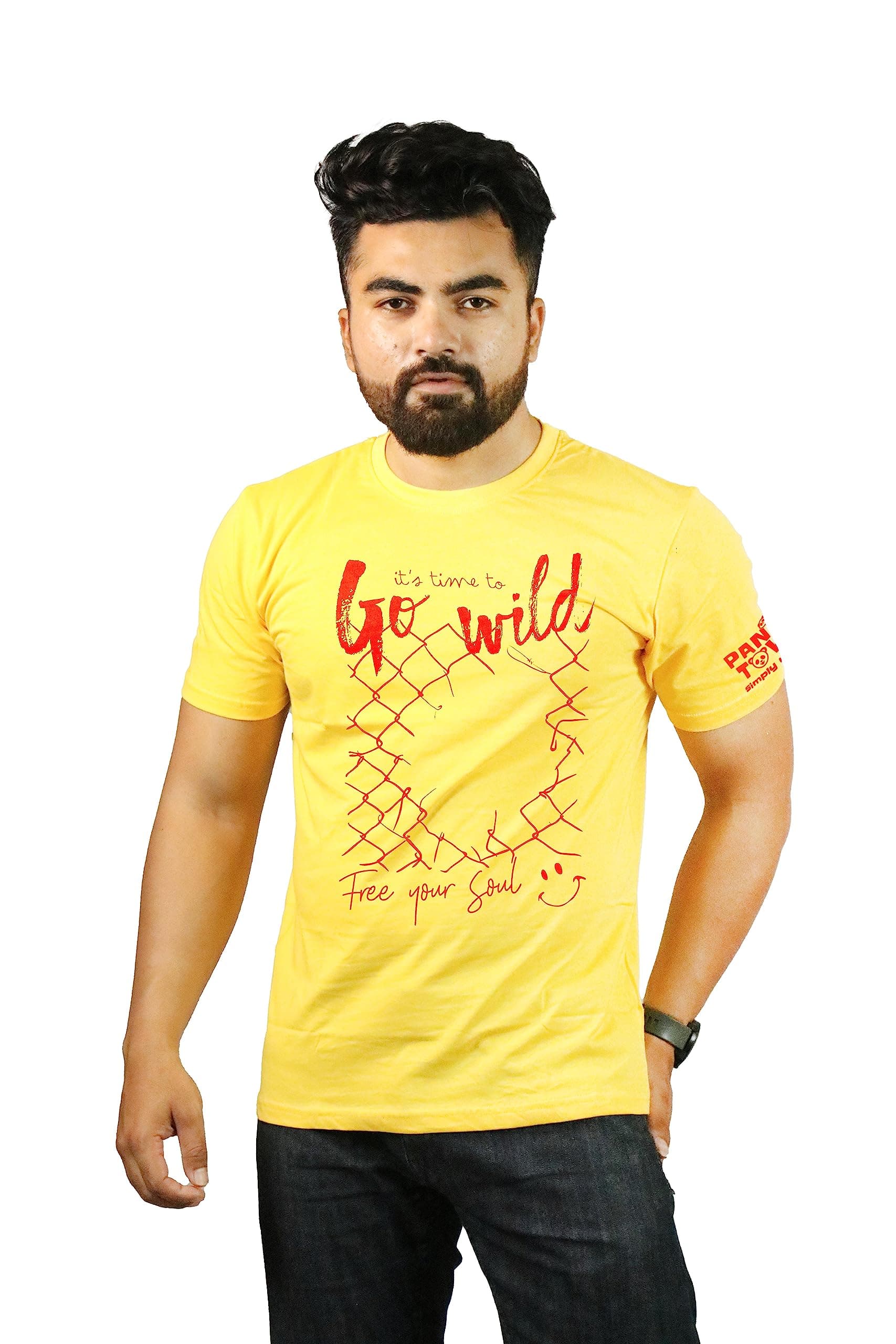 PANDA TOWN Unisex - Pure Cotton - Go Wild - Red - Printed T-Shirt Yellow