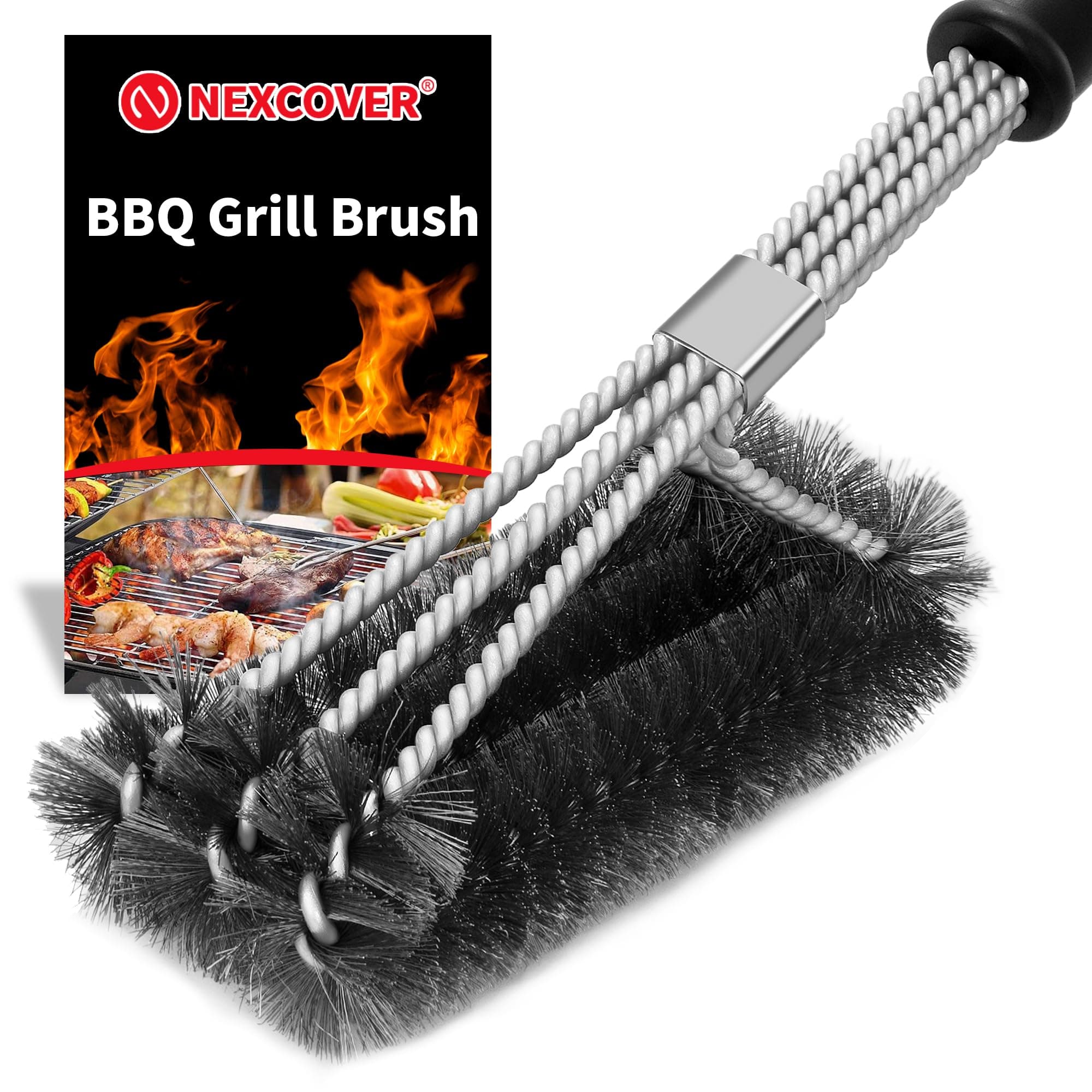 NEXCOVER BBQ Grill Brush – 18” Barbecue Cleaning Brush, Stainless Steel Grill Grate Cleaner, Safe Wire Scrubber, 3 in 1 Bristles BBQ Brush, Triple-Headed BBQ Tools, Grill Accessories for Grill Grates