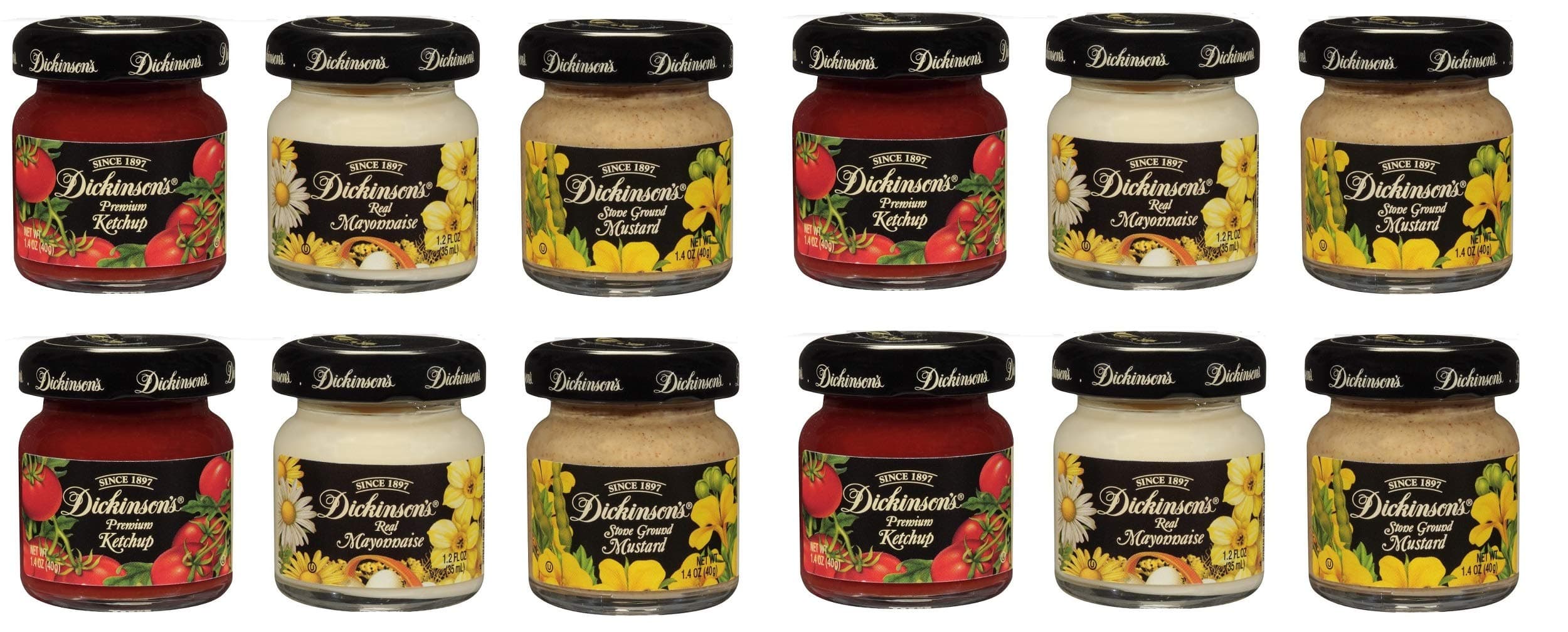 Ketchup, Mustard, Mayonnaise in Small Glass Containers Travel Condiment Assortment (12 Count)