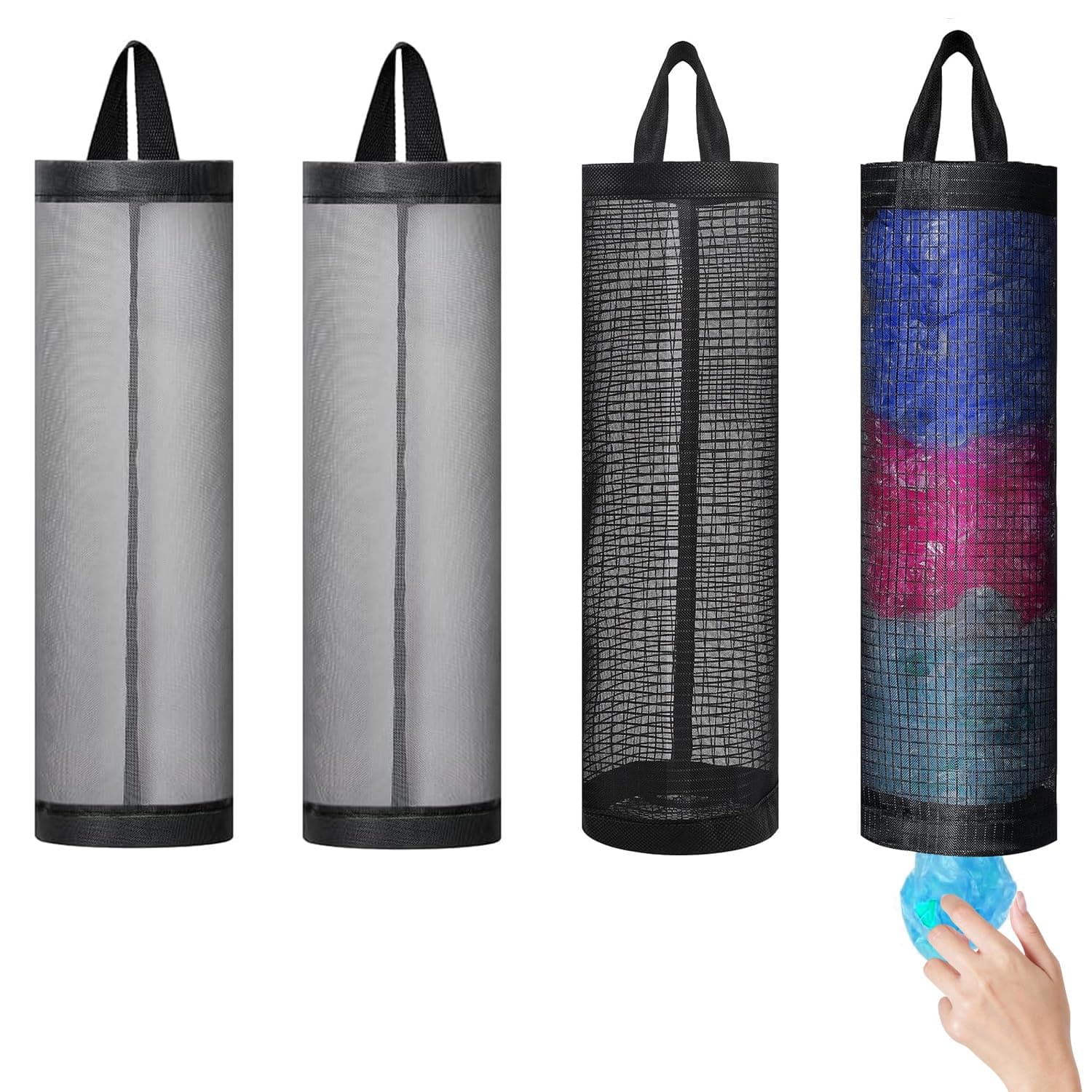 4 Pcs Plastic Bag Holder for Grocery Bags, Hanging Storage Bags Plastic Mesh Bags Dispenser Organizer Trash Bags Grocery Shopping Bag Holder for Home And Kitchen (2 Black+2 Grey)