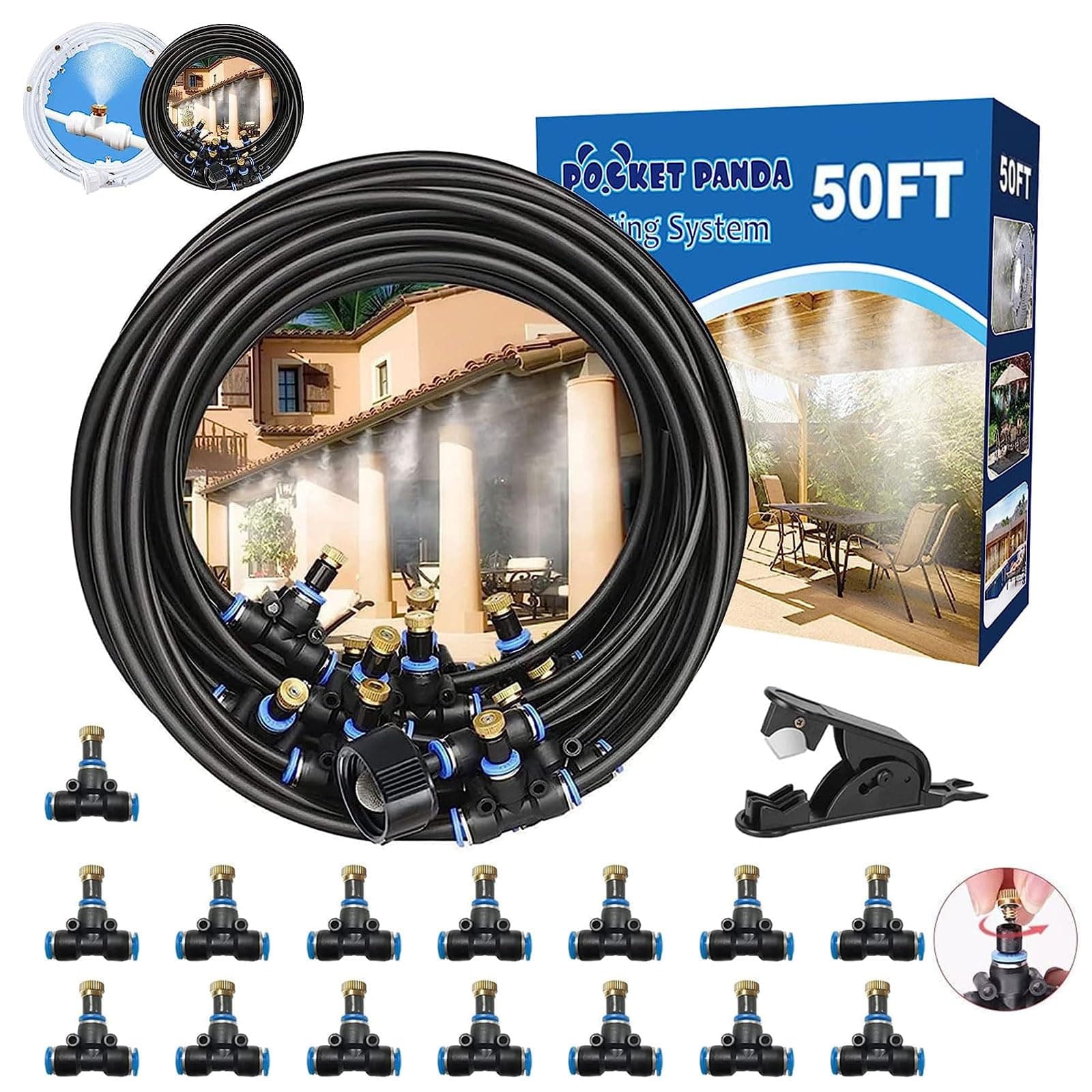Misters for Outside Patio, 50FT|15M Outdoor Water Misting Cooling System. Backyard Mist Kit for Garden Greenhouse Fan Deck Umbrella Canopy Pool Porch Trampoline Sprinkler Park BBQ Party Accessories