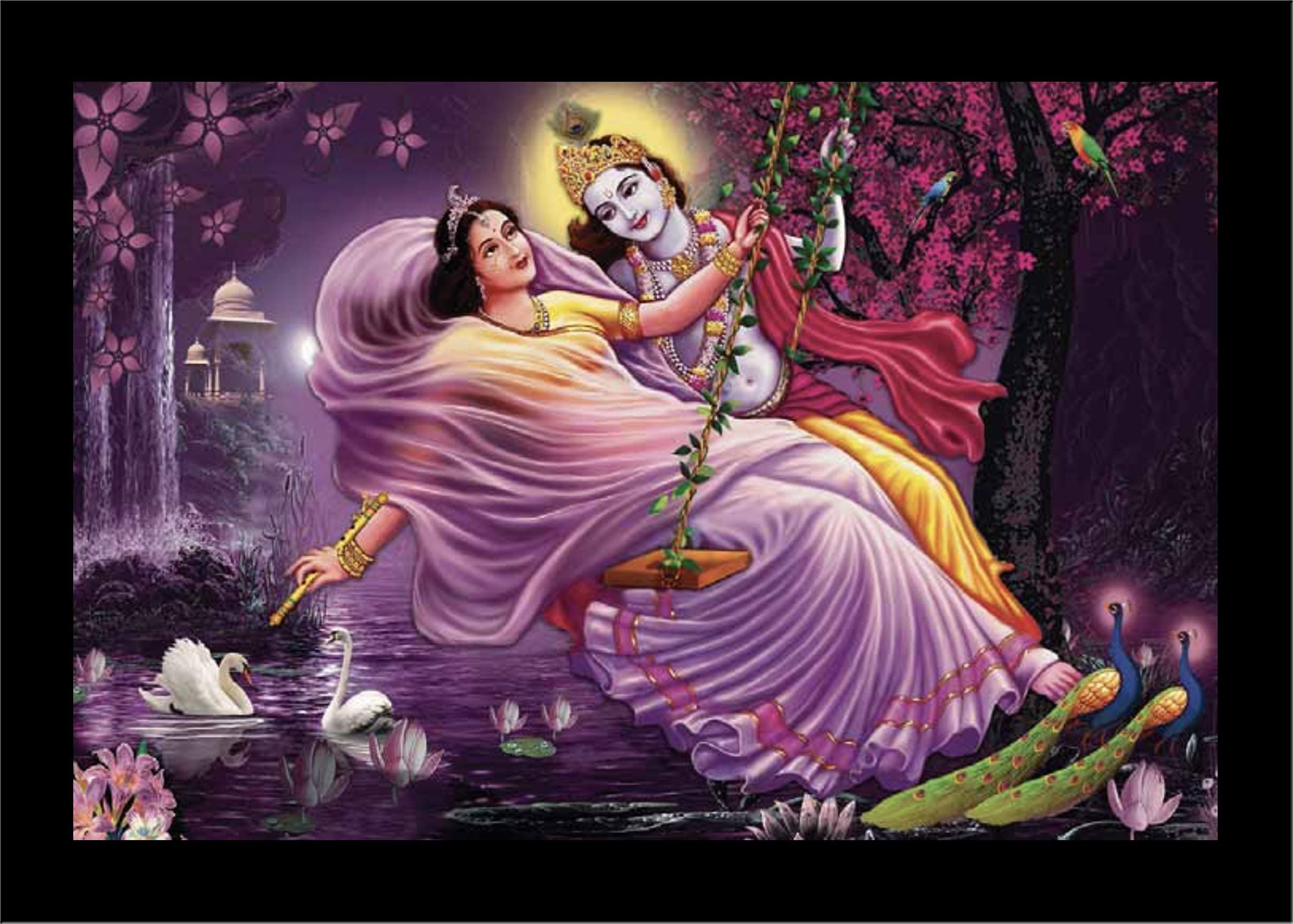 LIFEHAXTORE Xtore Beautiful Swinging Radha Krishna Art Framed Painting | Ready to Hang (Wood, 12inch x 18 inch) multicolor