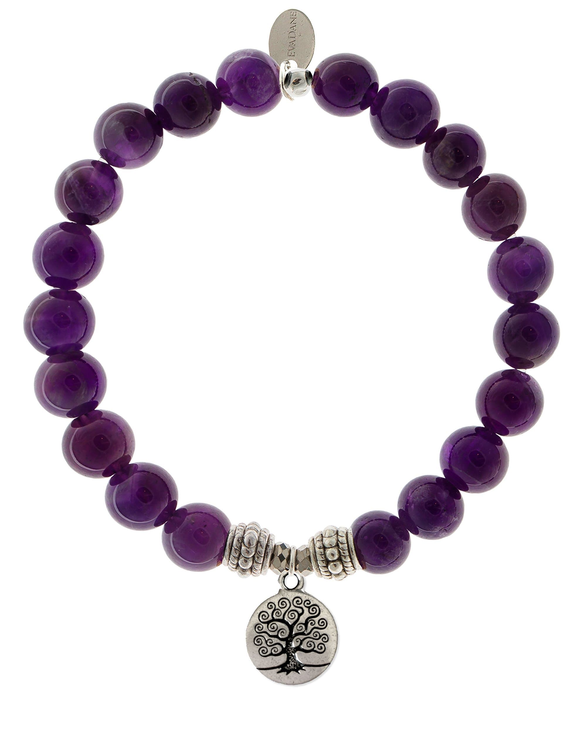 EvaDane Natural Amethyst Gemstone Rope Bead Tree of Life Charm Stretch Bracelet