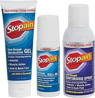 Stopain Pain Relief Combo Set (Gel, Roll On, Spray) USA Made, Max Strength Fast Acting with MSM, Glucosamine, Menthol for Lower Back, Knee, Neck HSA FSA Topical Analgesic Products