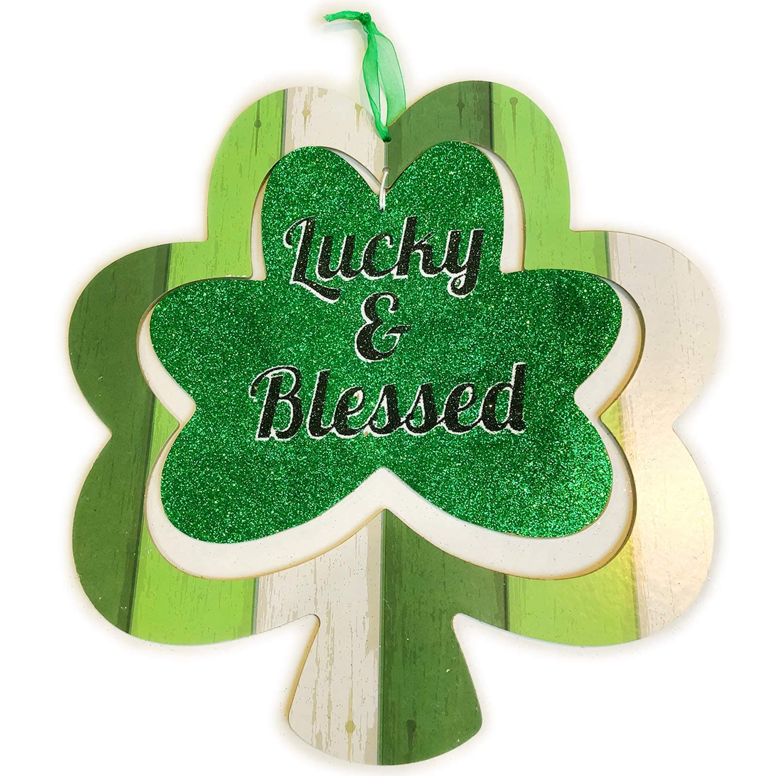 Shamrock Wooden Sign Fall Décor Irish Hanging St Patricks Day Decorations for The Home Front Door Hanger Glittery Saint Outdoor Office Room Wall Art Wood Clover Porch Outside Words Lucky & Blessed