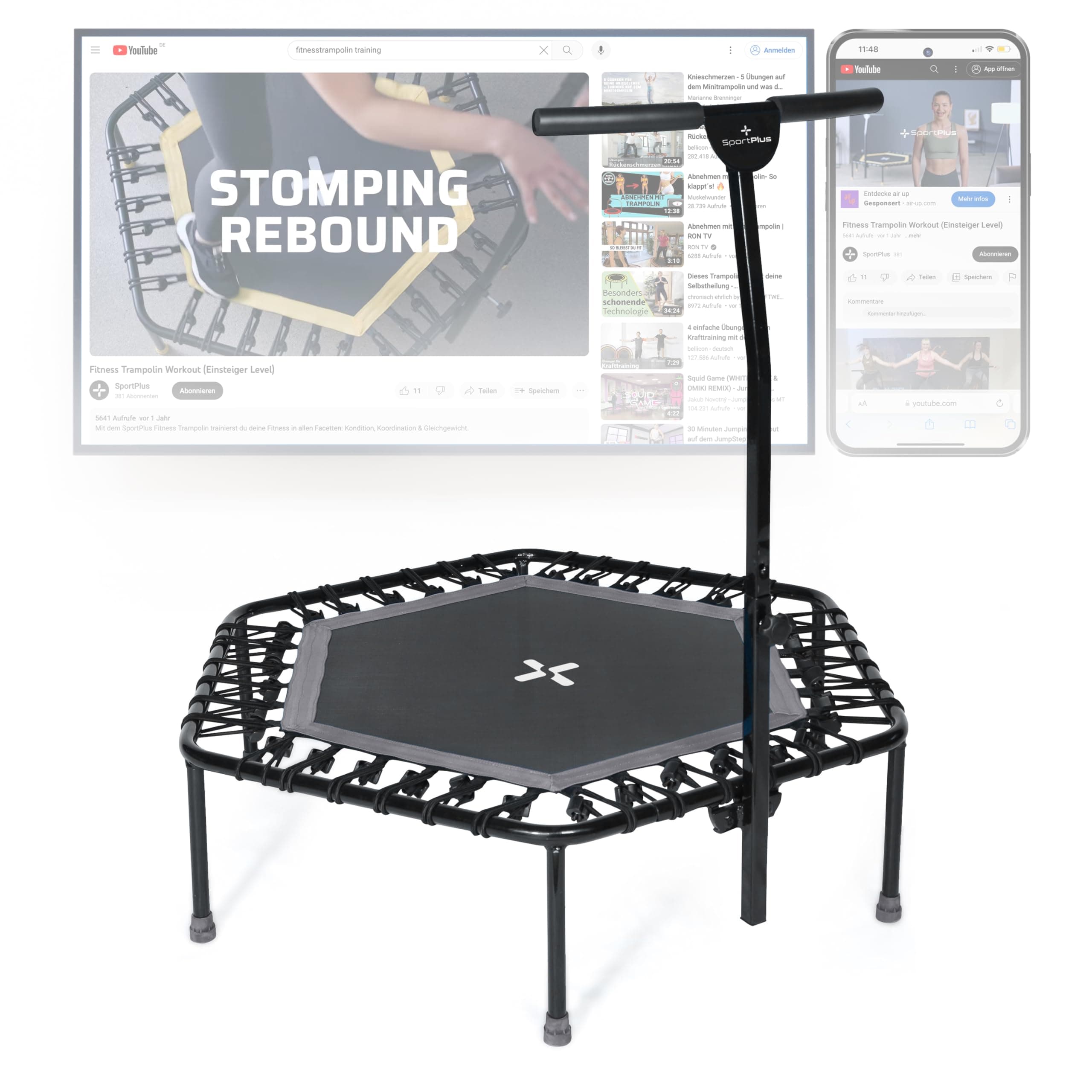 SportPlus | Fitness trampoline for home workout, with support bar (5-fold height adjustable), also with folding function, soft rubber rope suspension, very quiet