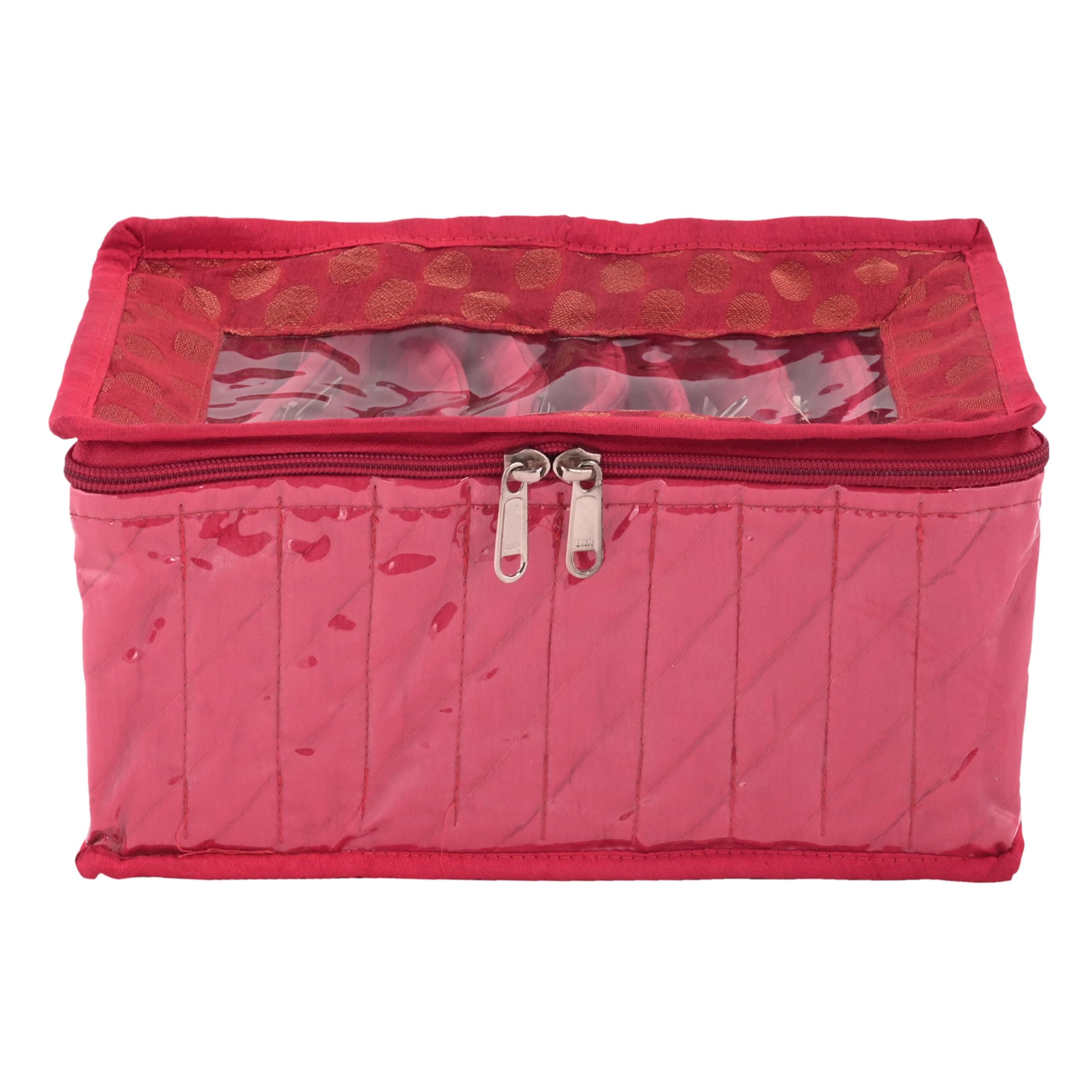 Kuber Industries Brocade Jewellery kit with 10 Pouch|Solid Print With Waterproof Outer Material|10 Pouches & Zipper Closure|Size 26 x 12 x 15 Pack of 1 (Pink)