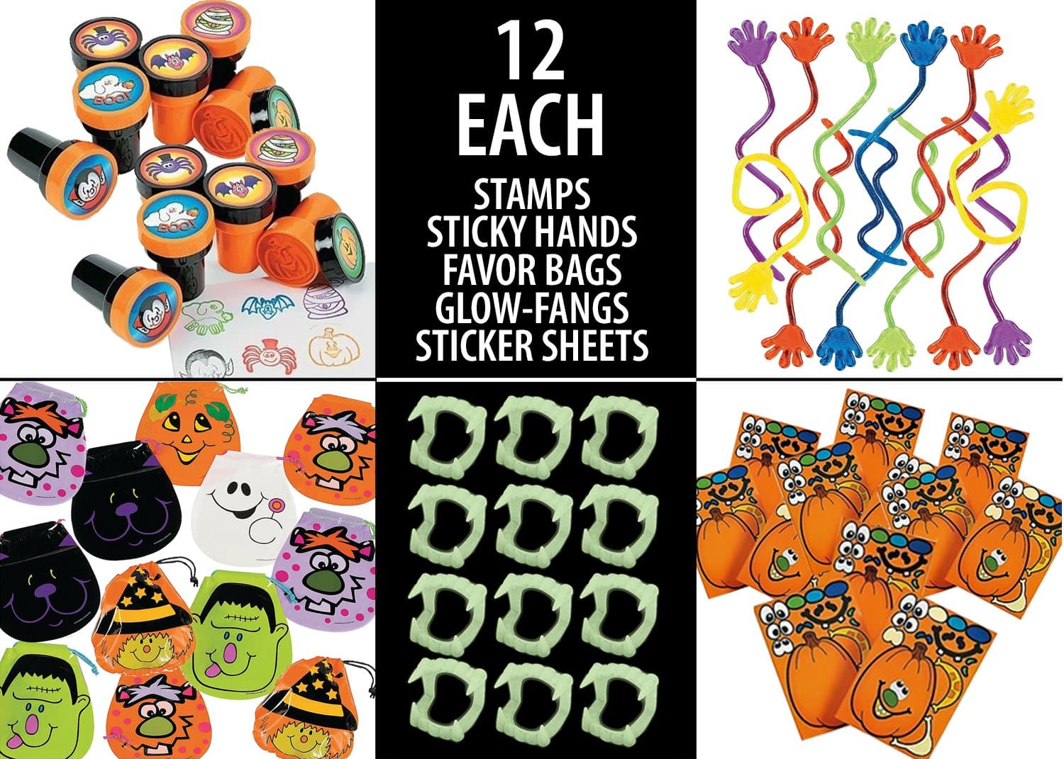 60 Piece Halloween Fun Toy Set Includes: (12) Halloween Stamps (12) Glow in The Dark Fangs (12) Sticky Hands (12) Make A Pumpkin Craft Stickers & (12) Halloween Draw String Goody Bags