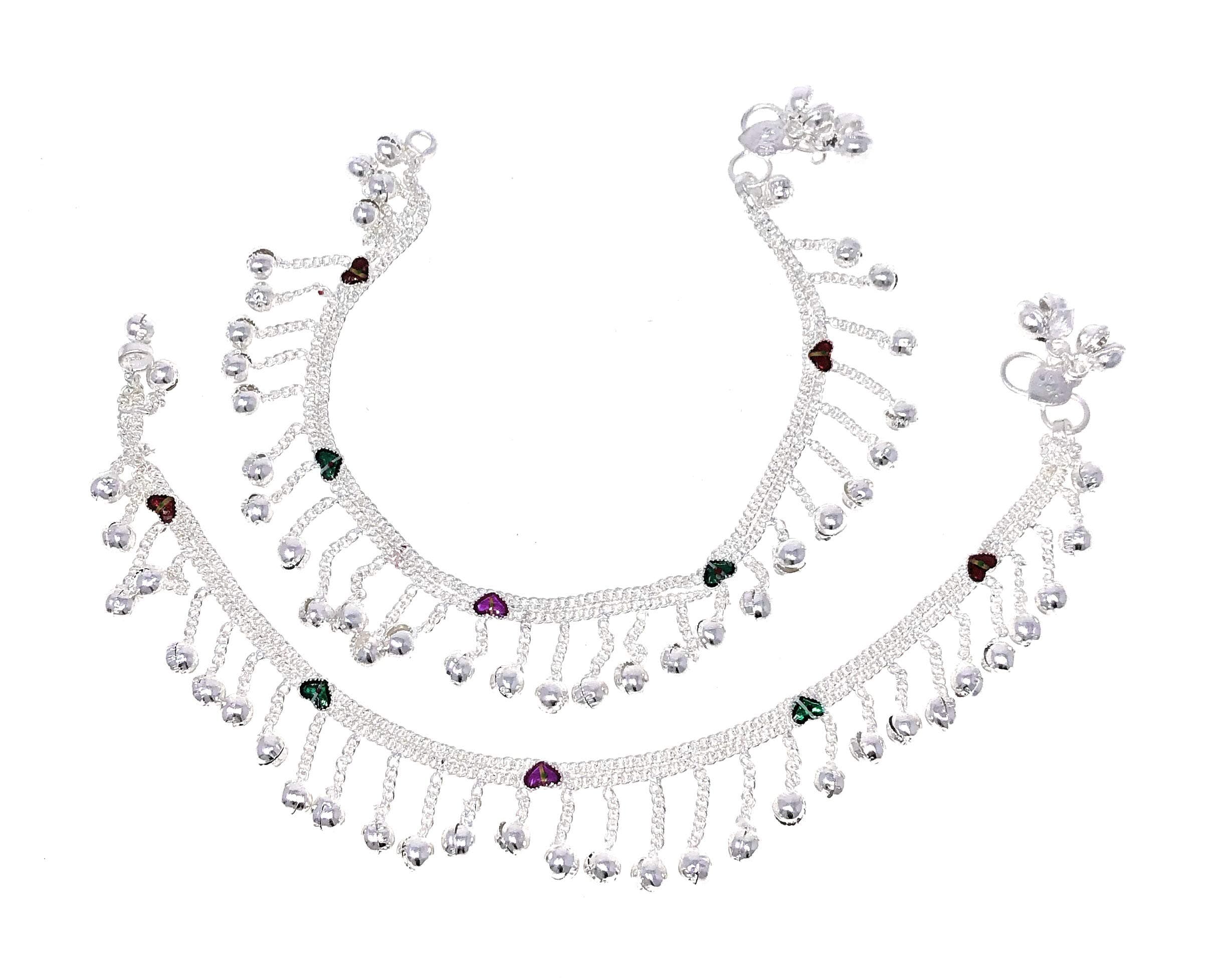 Traditional Indian Anklet Payal Sets for Women, Silver-Tone Chain Designs with Soft Bells, Pearls, Enamel, and Bead Charms, Easy-to-Wear S-Hook Clasp, Bridal Wedding Party Dance Jewelry