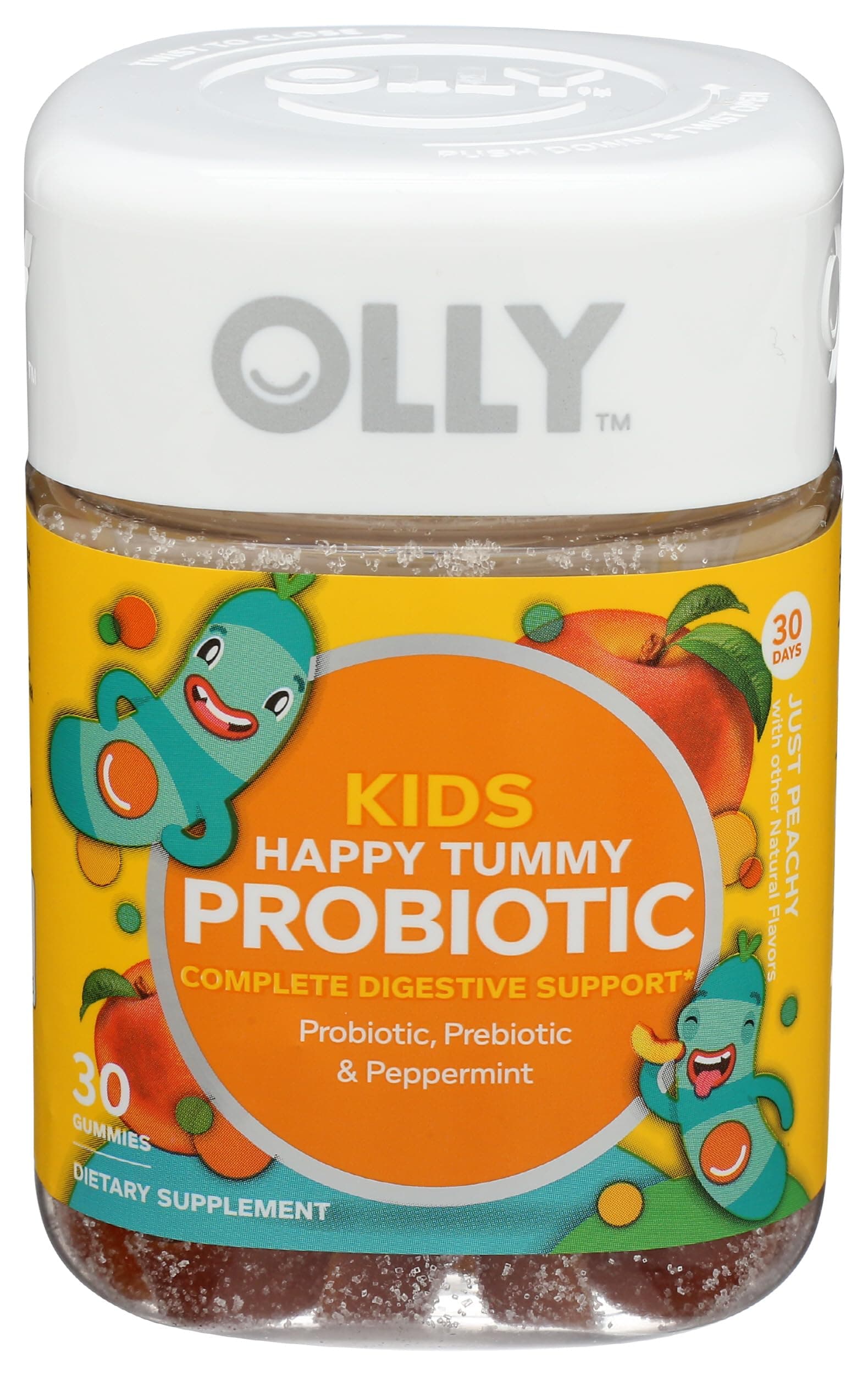 OLLY Kids Probiotic + Prebiotic Gummy, 30 Day Supply (30 Gummies), Just Peachy, Probiotics, Prebiotics, Peppermint, Chewable Supplement