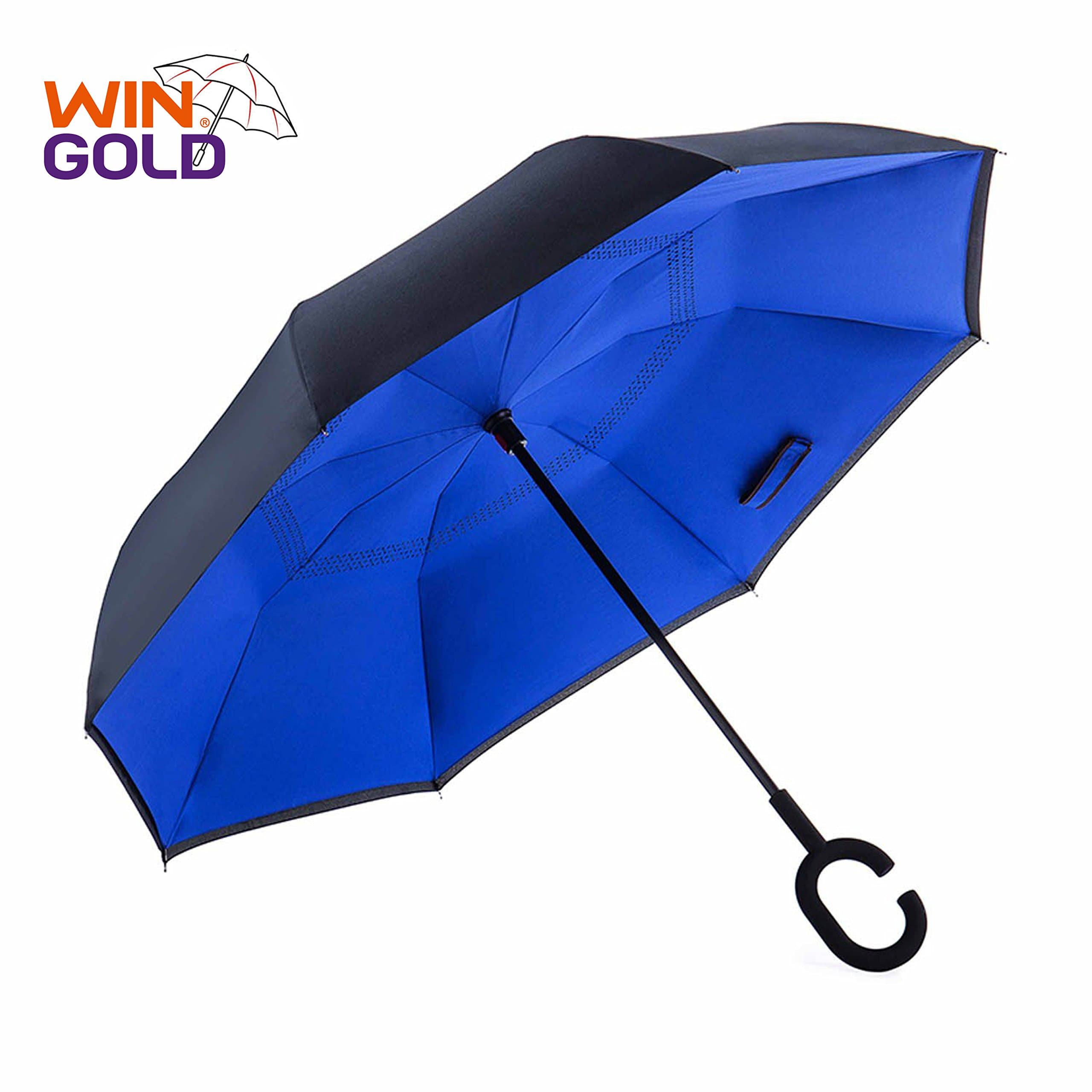 wingold Reverse Folding Umbrella UV Protection Windproof Double Layer Inverted Umbrella with C-Shaped Handle- Dark Blue
