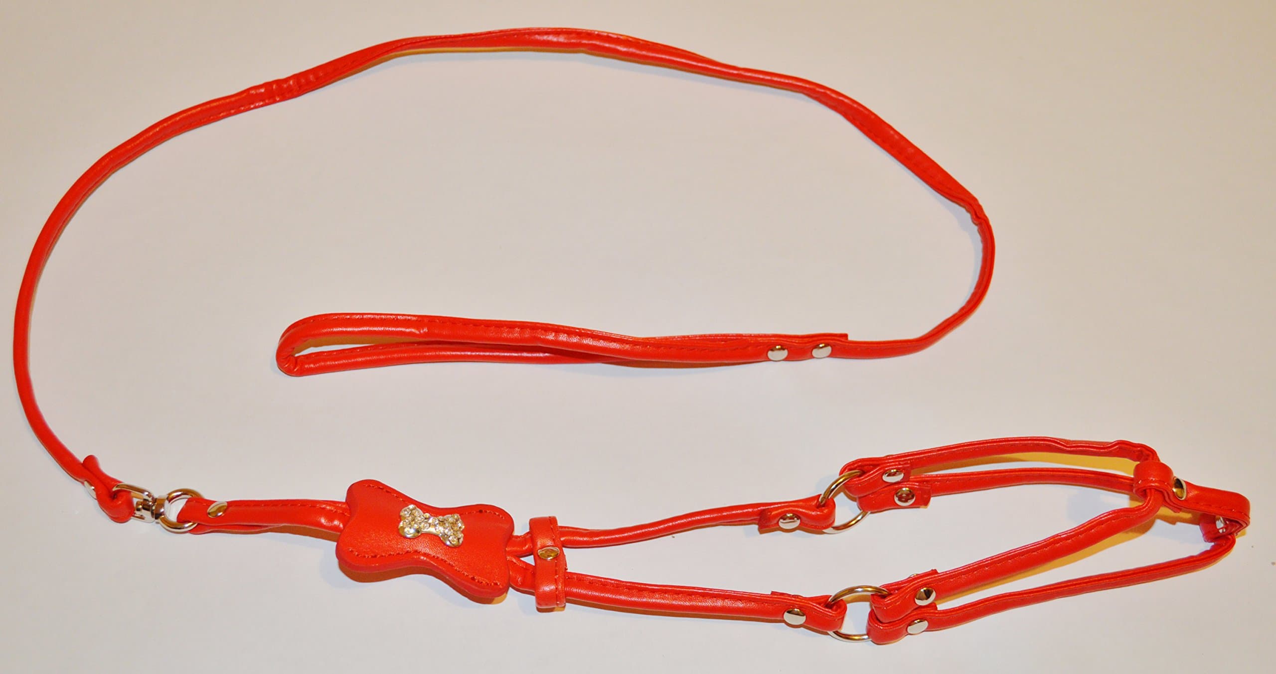 Dog Harness, Step In, Leather and a Dog Bone With Rhinestones, Including The Leash Connected With Swivel by Smizel (Small, Red)