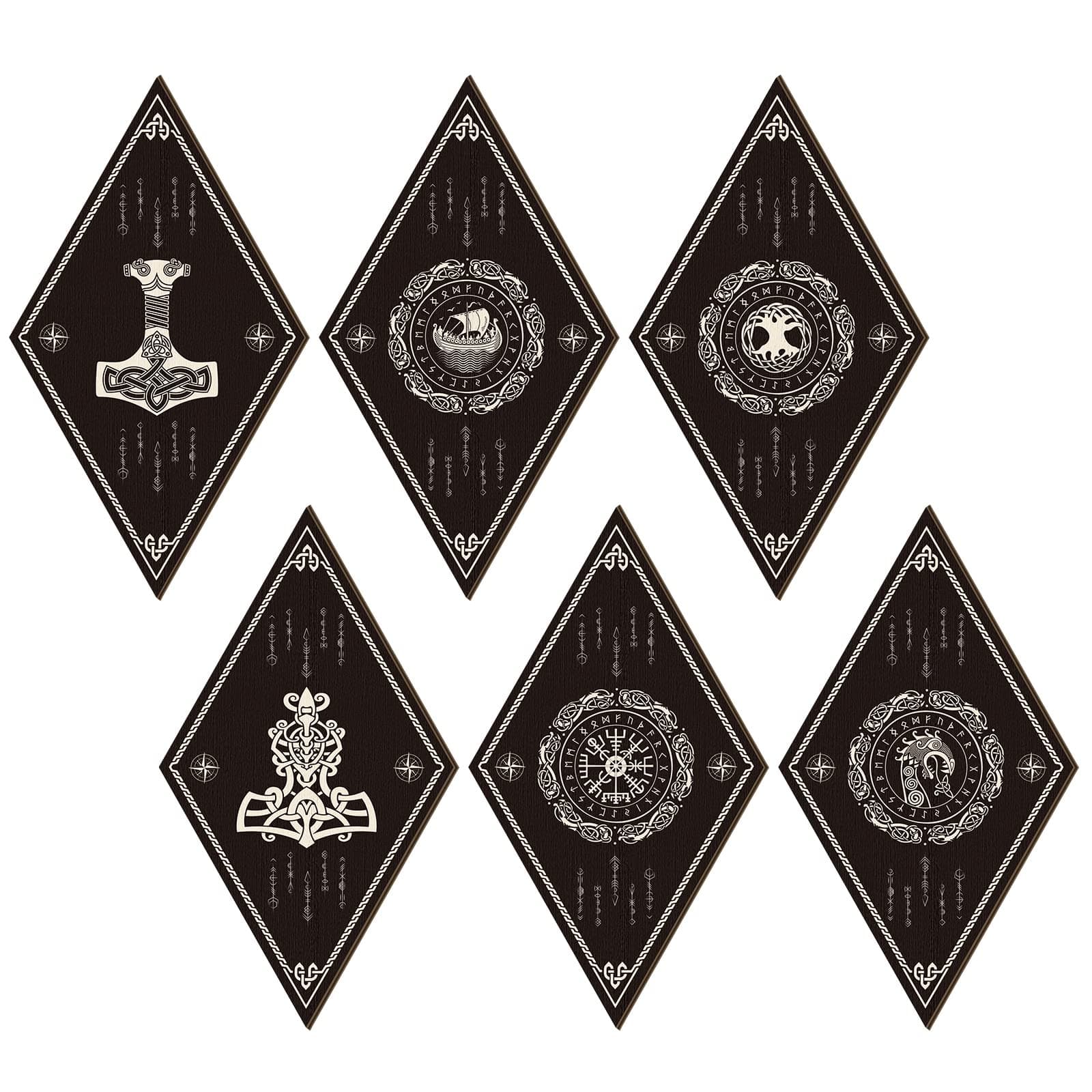 Nuenen 6 Pcs Nordic Vikings Wood Sign Celtic Drakkar Rune Wall Decor Scandinavian Boat Witchy Hanging Wooden Signs Mediaeval Wall Plaque for Holiday Kitchen Home Mythology Runes Artwork Pagan Gifts