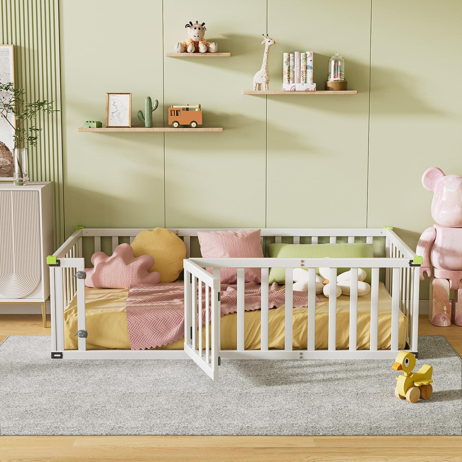 ROOMTEC Twin Size Montessori Floor Bed for Kids, Solid Wood Toddler Bed Frame w/Convertible Door and Safety Fence, Floor-Bed-Frame for Children Bedroom, Toddlers, Boys Girls, Kids Playroom, White