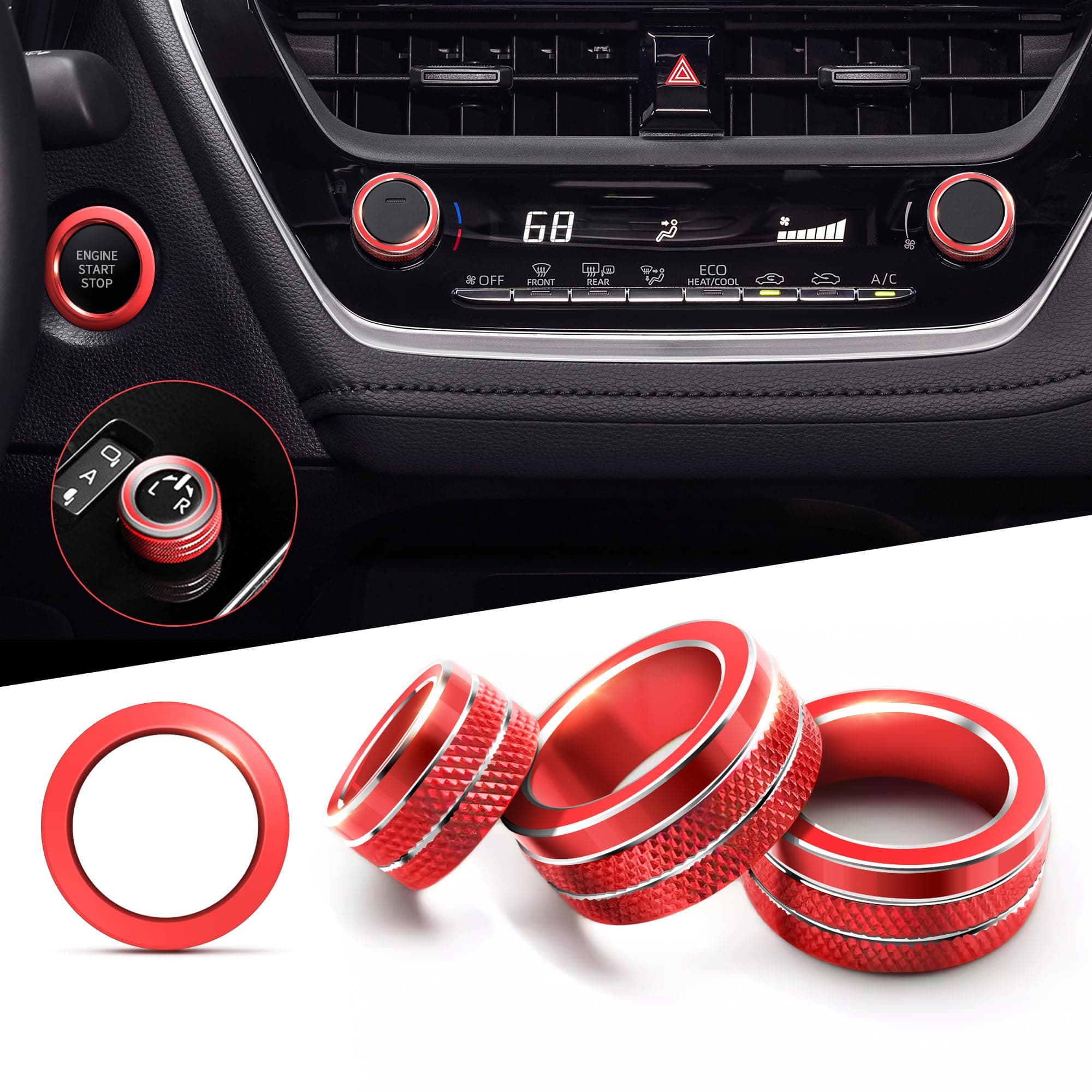 for 2020-2025 2026 Toyota Corolla & 2022-2025 2026 Corolla Cross Accessories, 4pcs Aluminum Alloy Knob Cover Trim Set - Rearview Mirror Switch, AC & Push Start (Red)