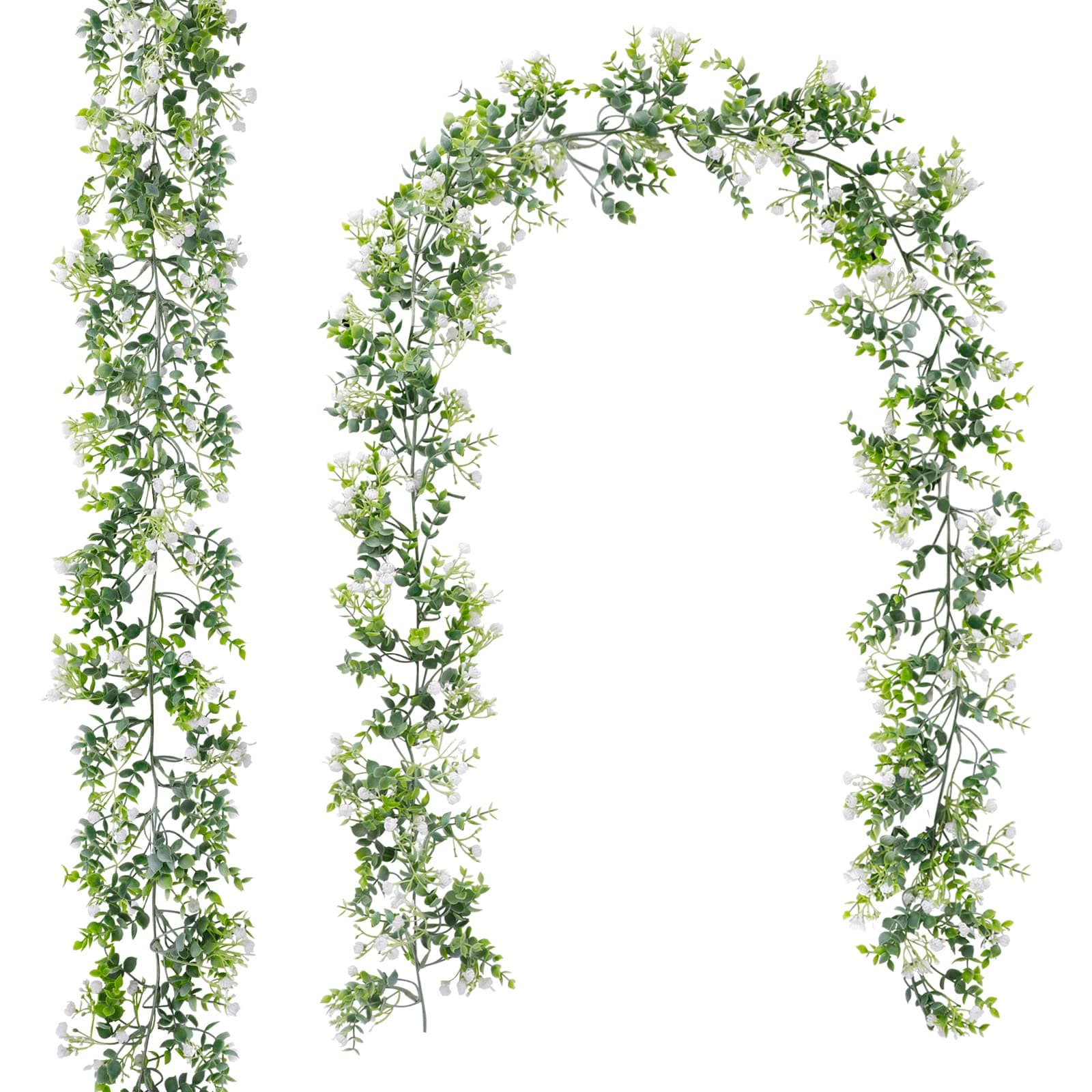 CEWOR 2pcs 5.7ft Eucalyptus Garland with White Flowers, Artificial Greenery Garland Faux Hanging Plants for Wedding Arch, Table Wall Backdrop, Party Home Decor