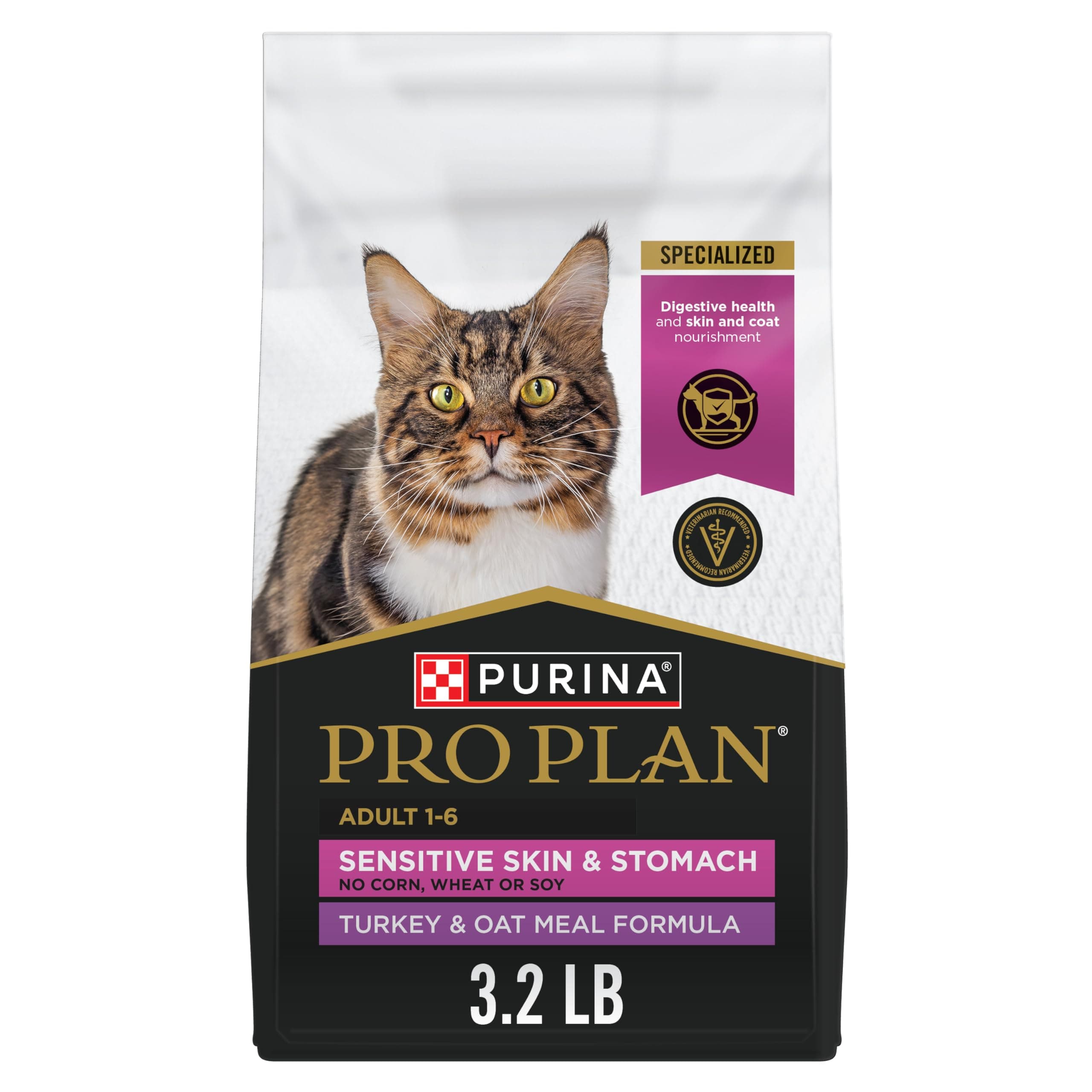 Purina Pro Plan With Probiotics, Sensitive Skin & Stomach, Natural Dry Cat Food, Turkey & Oat Meal Formula - 3.2 lb.