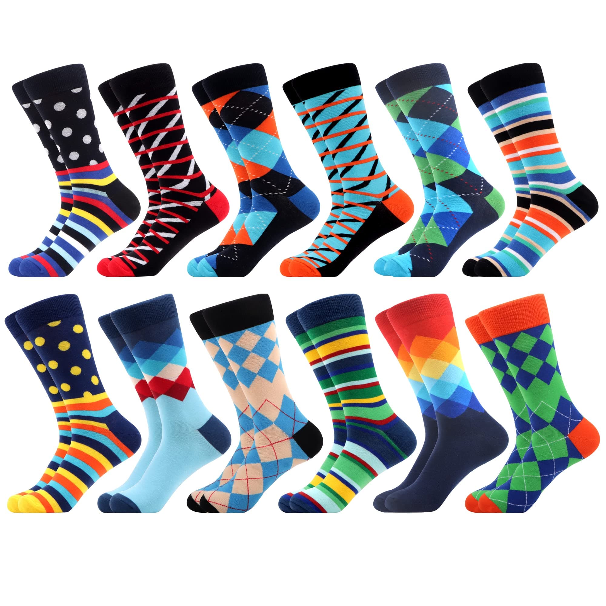 Men's Dress Funny Crazy Colorful Novelty Combed Cotton Crew Socks 12 Pack - Size 7-10/10-13/13-15