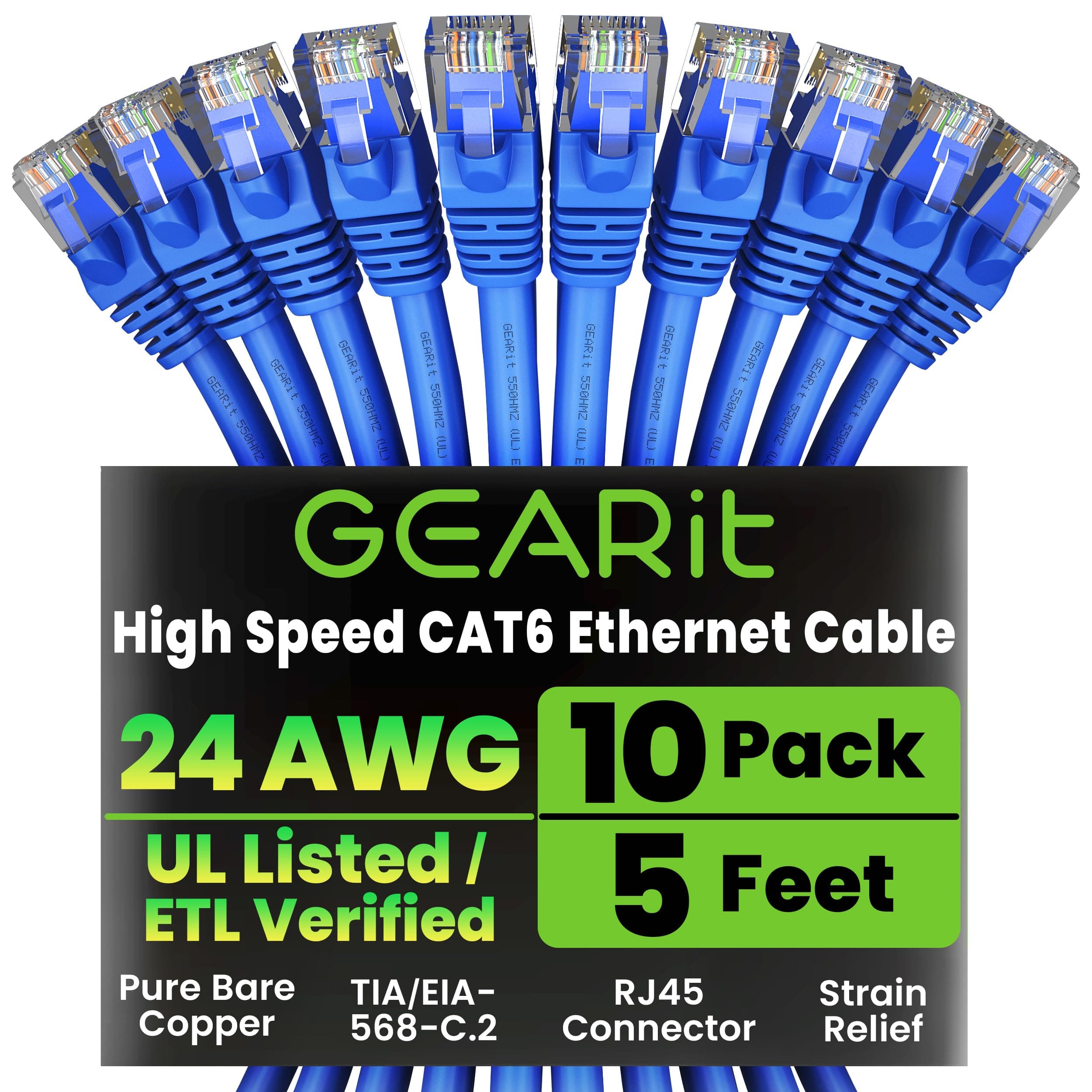 GEARit Cat 6 Ethernet Patch Cable 5 ft Blue (10 Pack) - Cat6 Patch Cables 5ft Blue/Ethernet Patch Cable, 10Gbps 550MHz 24AWG Pure Copper, Snagless, Gold Plated RJ45 for Router, Server, Router, PC