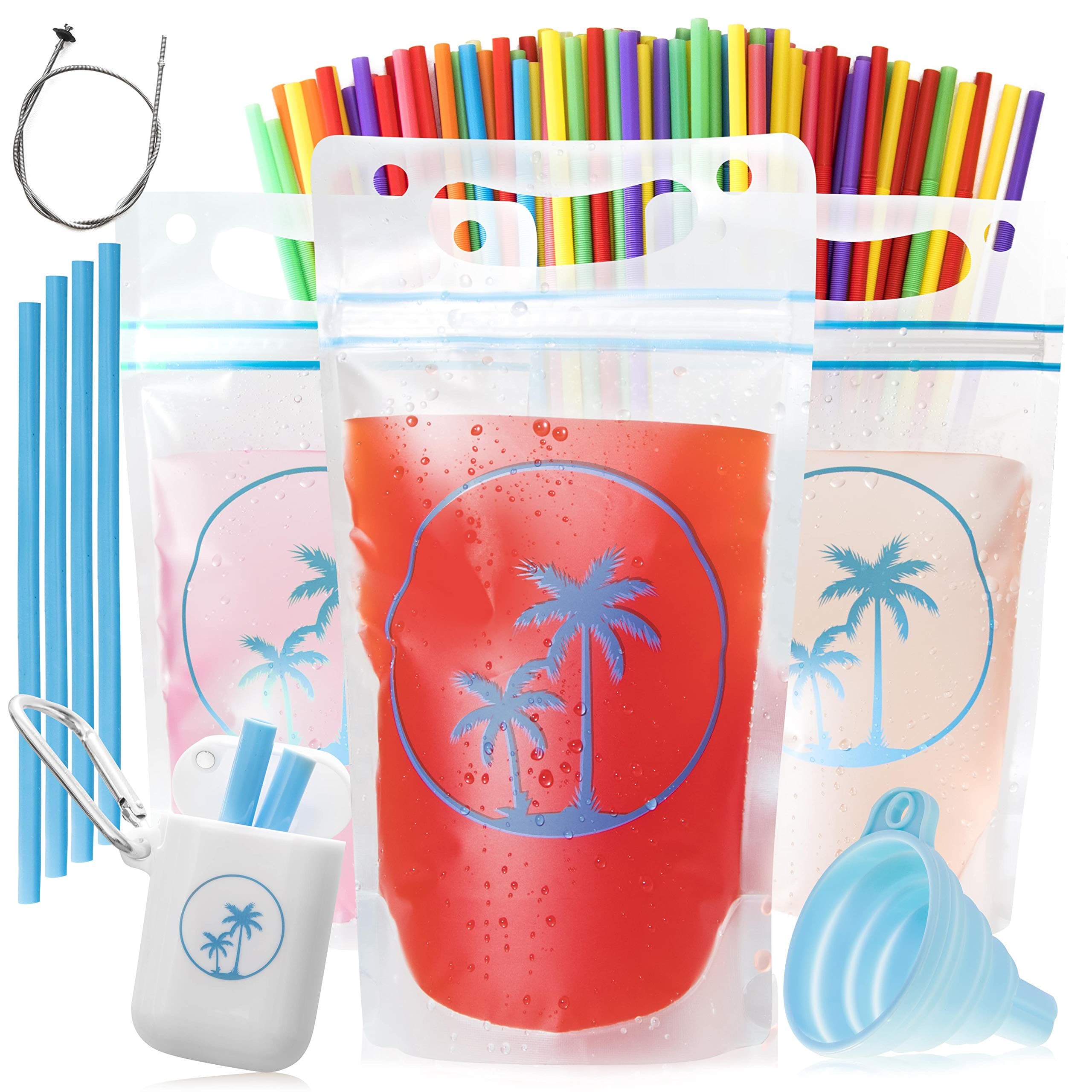 100 Drink Pouches with Straw Bundle – Premium Smoothie Pouches Juice Pouch for Adults & Kids No Leak Resealable Double Zipper Clear Drinking Bag- Reusable Plastic Disposable BPA-Free