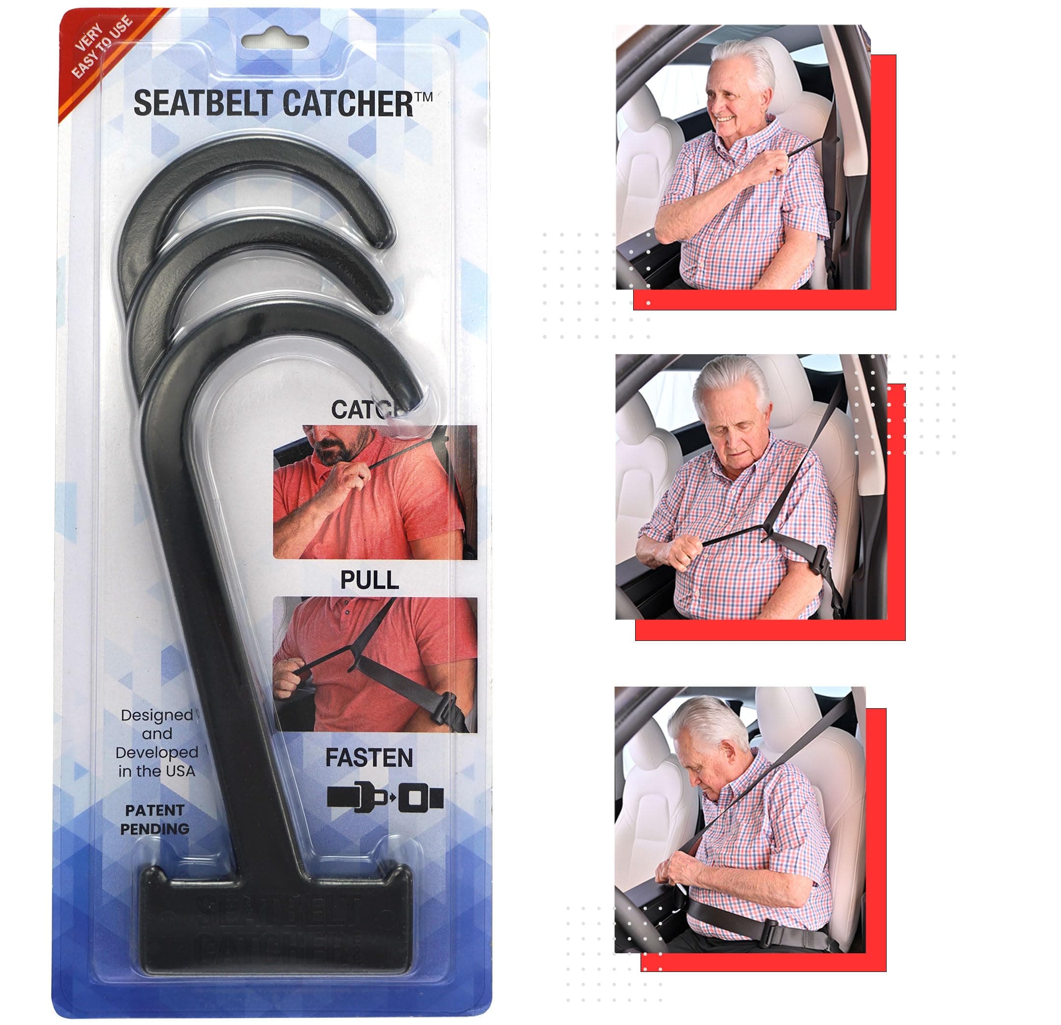 Seatbelt Cacher (Black)- 3 Pack Grabber And Seat Belt Aid For Elderly And People With Disabilities - Seat Belt Extender - Twisting Or Reaching Perfect Aid For Back, Shoulder, Elbow Injuries