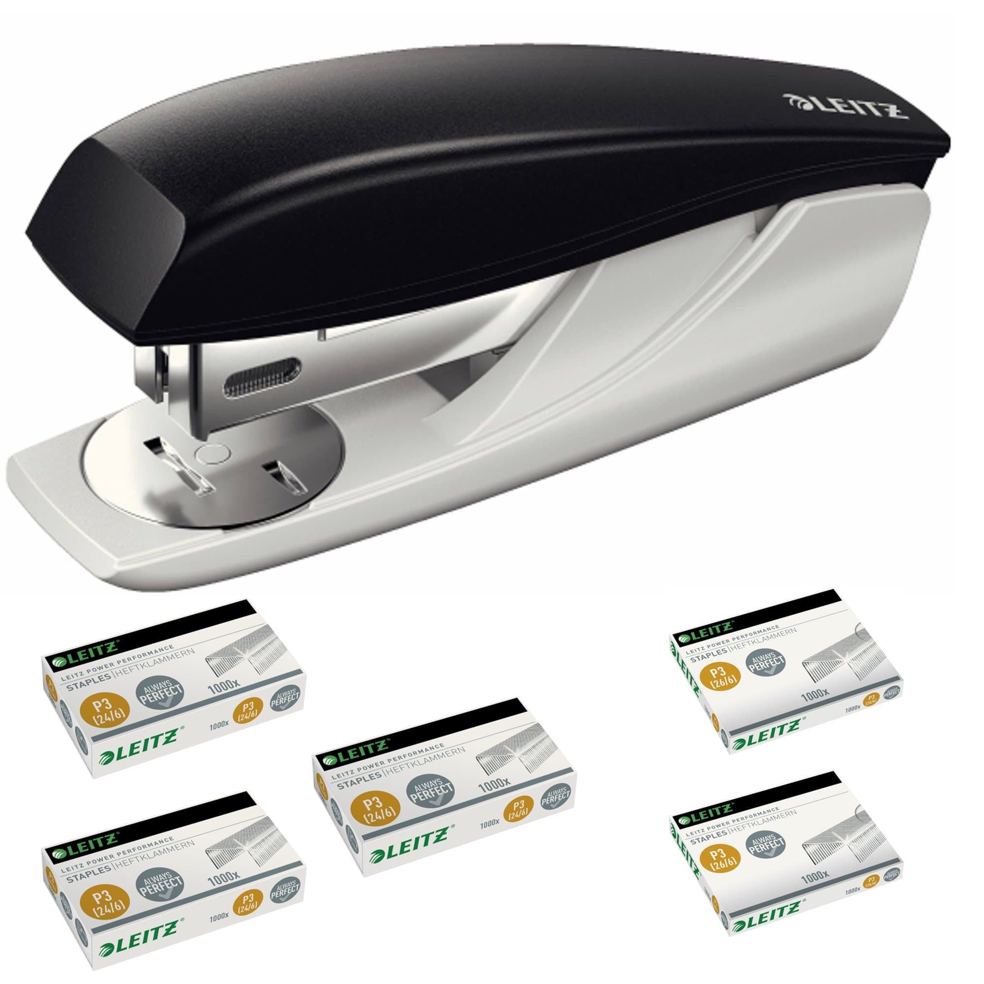 LeitzNeXXt 550100 Office Stapler Small 25-Sheet Strength Includes Klammen in 5 Pack of 1000), Black, mit Extra Heftklammern