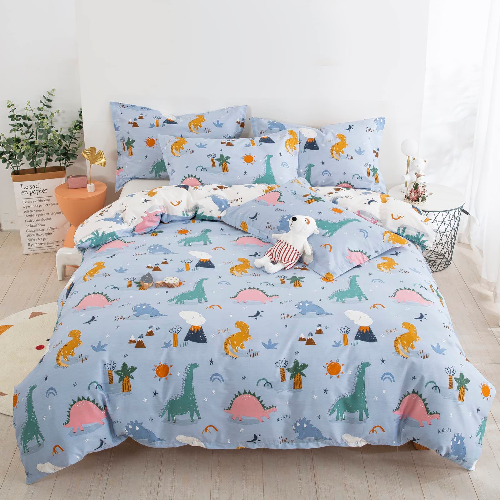 DJY Dinosaur Duvet Cover Set Twin, 100% Cotton Blue White Reversible Kids Bedding Set for Boys Girls, 2 Pieces Ultra Soft Breathable Comforter Cover Set (1 Duvet Cover+1 Pillowcase)