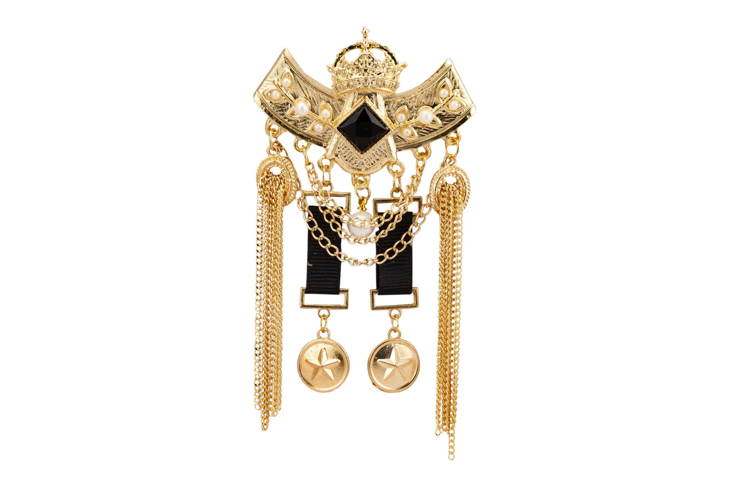 Knighthood Gold Crown Black Stone Honorary Stars and Hanging Chain Detailing Brooch
