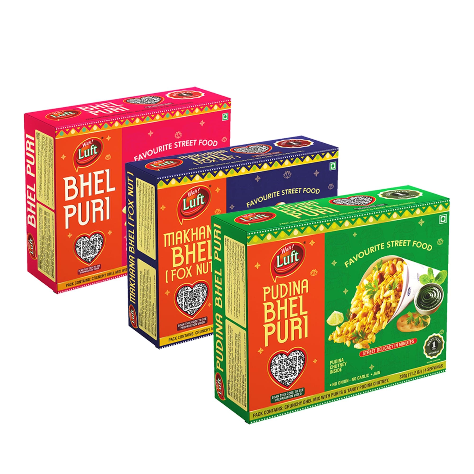 Wah Luft Ready to Eat Makhana (Foxnut), Pudina, Bhel Puri Kits, Instant, Namkeen, Snacks, Chutney Inside, Chaat Special, Combo Pack of 3