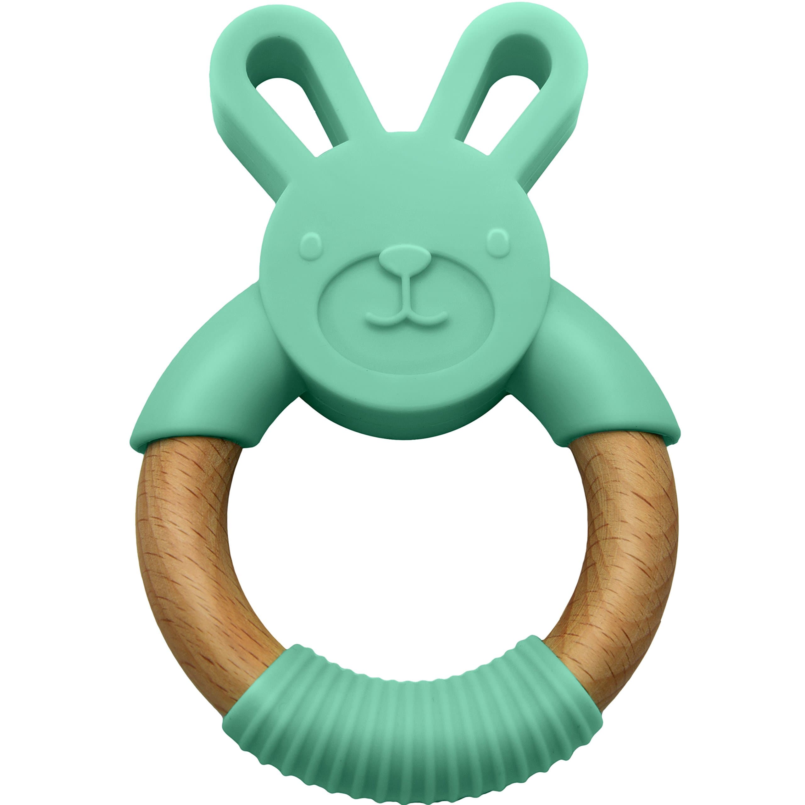 Organic & Natural Bunny Rabbit Baby Teether Ring, 100% BPA Free Pure Food Grade Silicone & Beech Wood, Teething Pain Relief Toy for Toddlers & Infants (Green)