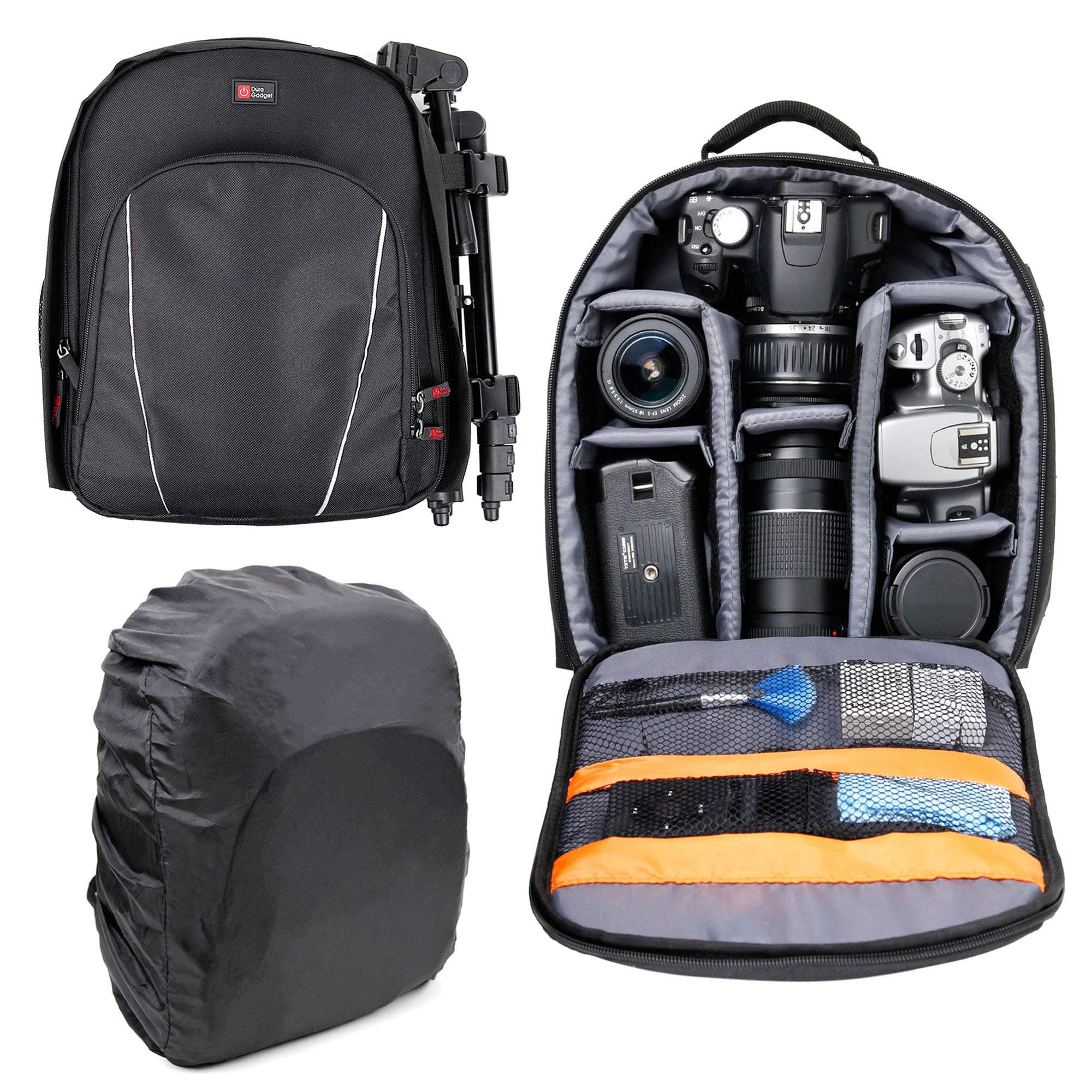DURAGADGET Black Water-Resistant Backpack w/Customisable Interior & Raincover - Compatible with Canon EOS 7D | D7000 & D7100