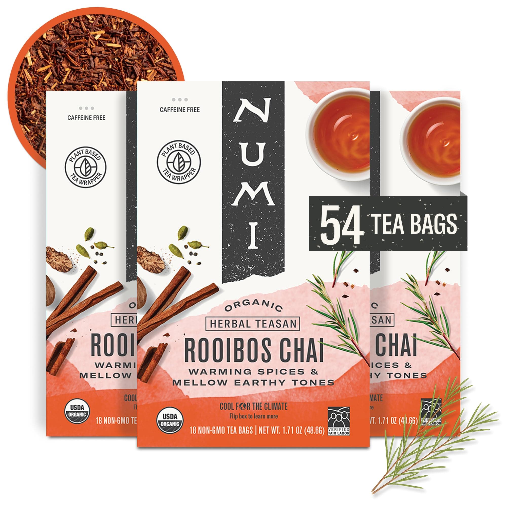Organic Rooibos Chai Tea Bags, 18 Tea Bags (Pack of 3), Red Tea with Cinnamon, Allspice & Ginger, Caffeine Free