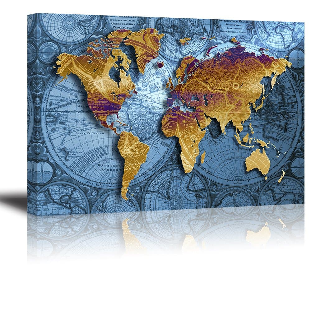 World Map Wall Art for Living Room, PIY Old Nautical Canvas Prints Decor, Retro Painting Home Decorations (Large, 1" Thick Frame, Waterproof Artwork, Bracket Mounted Ready to Hang)