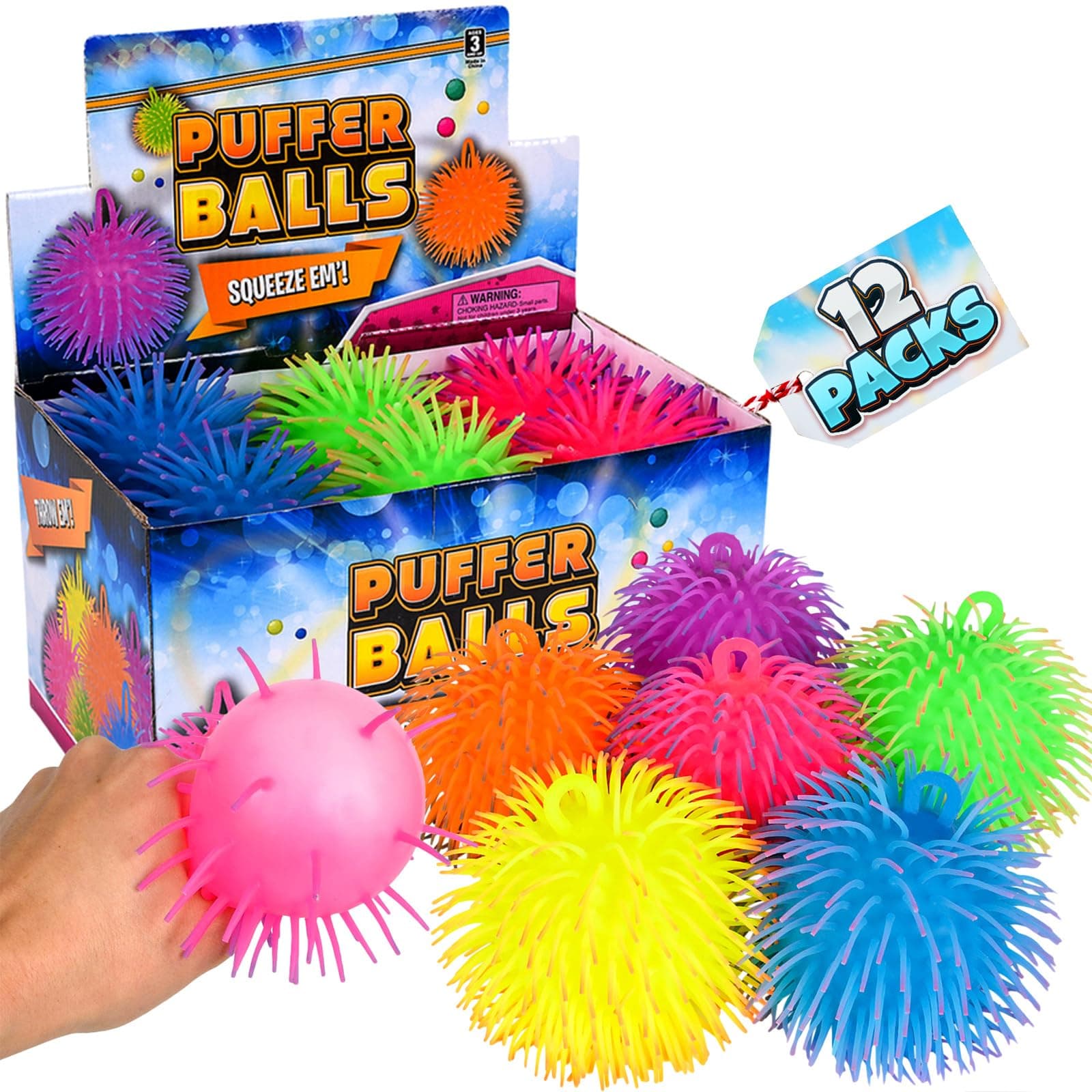 Puffer Balls (Pack of 12) - Squishy Balls for Kids Neon Party Favors Sensory, Stress Relief Squishy & Therapy Toys for Kids, Boys & Girls Goodie Bag Stuffers, Prizes and Party Supplies