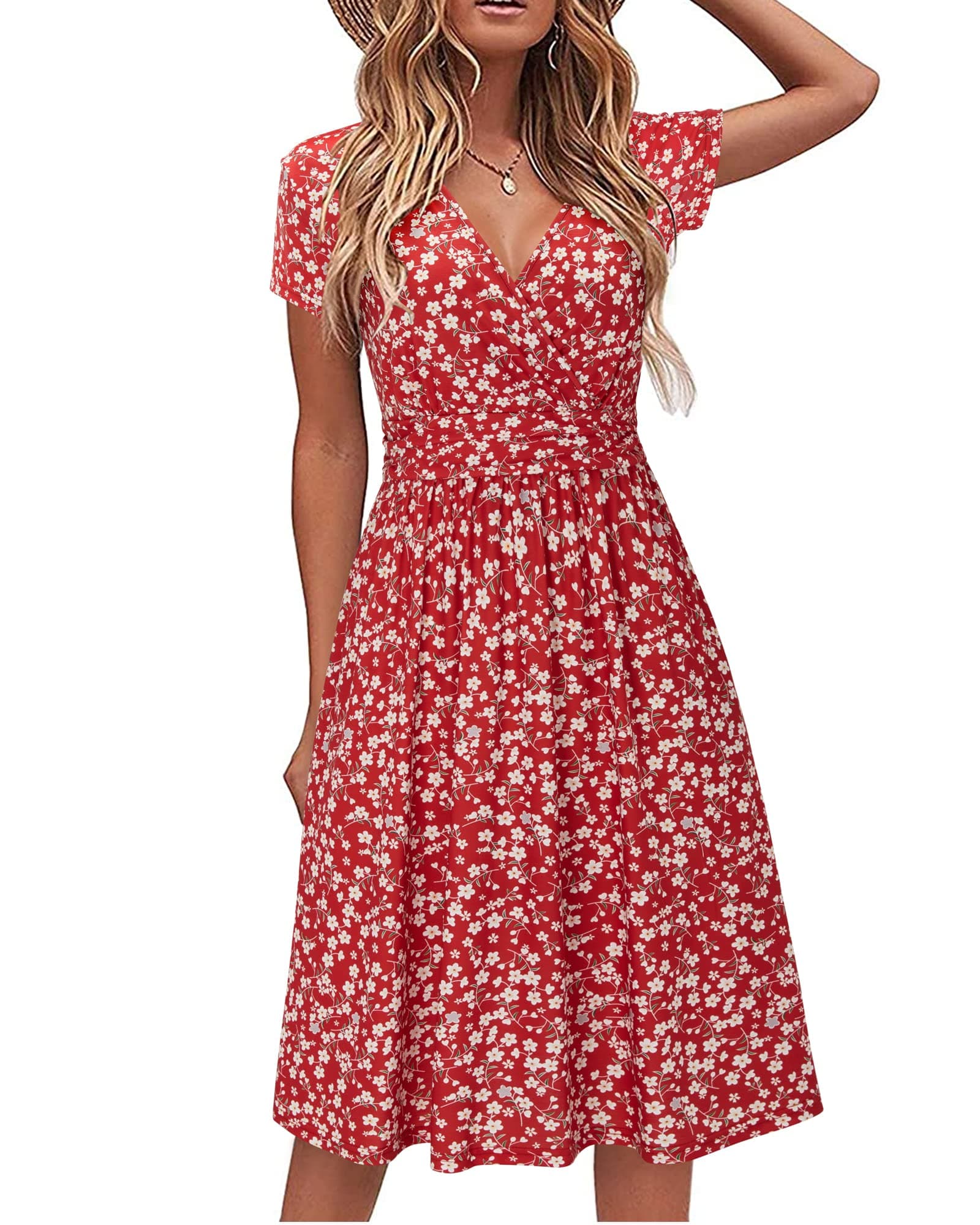 Women's Summer Dress Short Sleeve V-Neck Sundress Floral Wrap Waist Casual Dress with Pockets