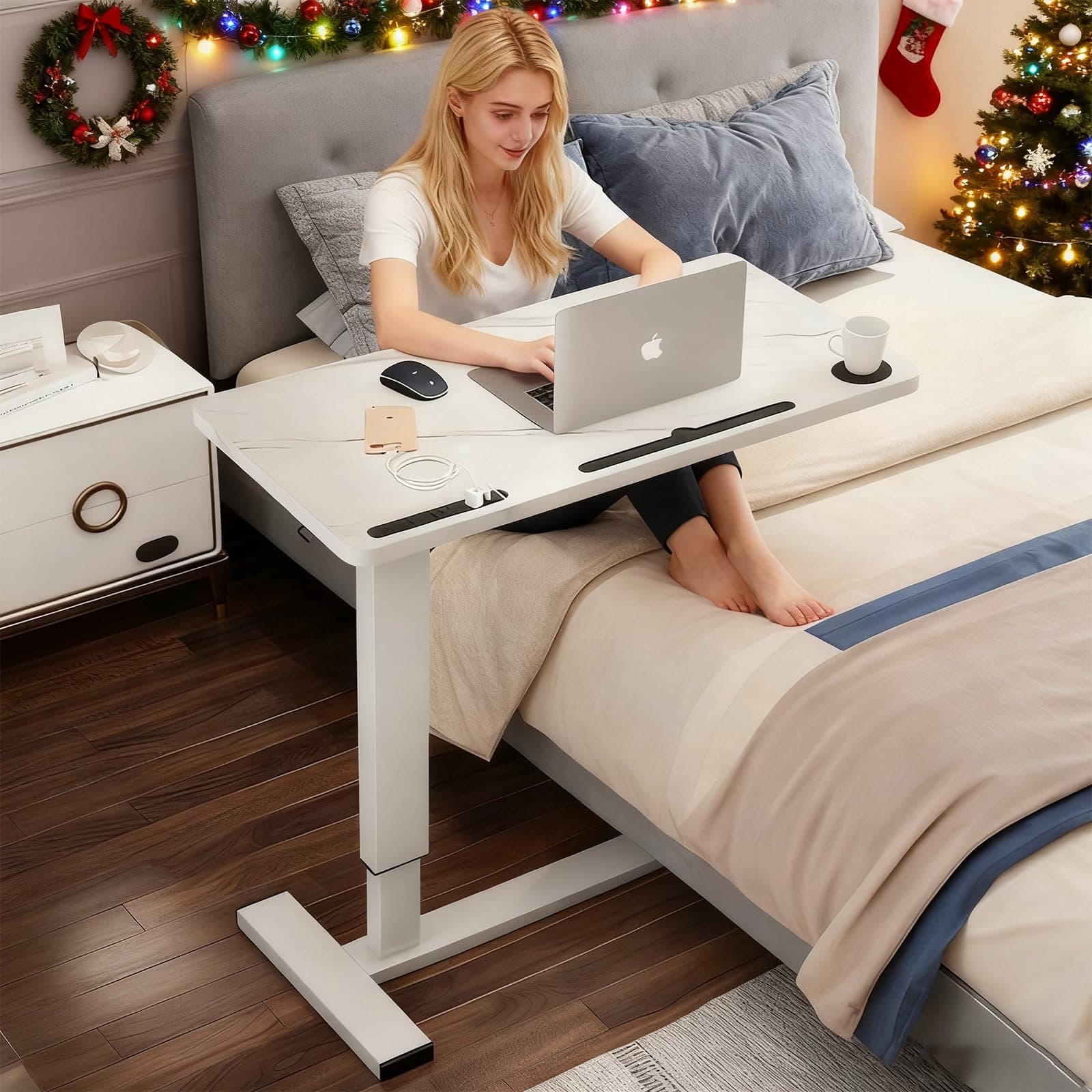 Overbed Table,Hospital Bed Table,Pneumatic Bed Tables Adjustable Over The Bed with Hidden Wheels&USB Port,Mobile Laptop Table Cart and Rolling Bedside Table with Tray Hospital Home Use-White