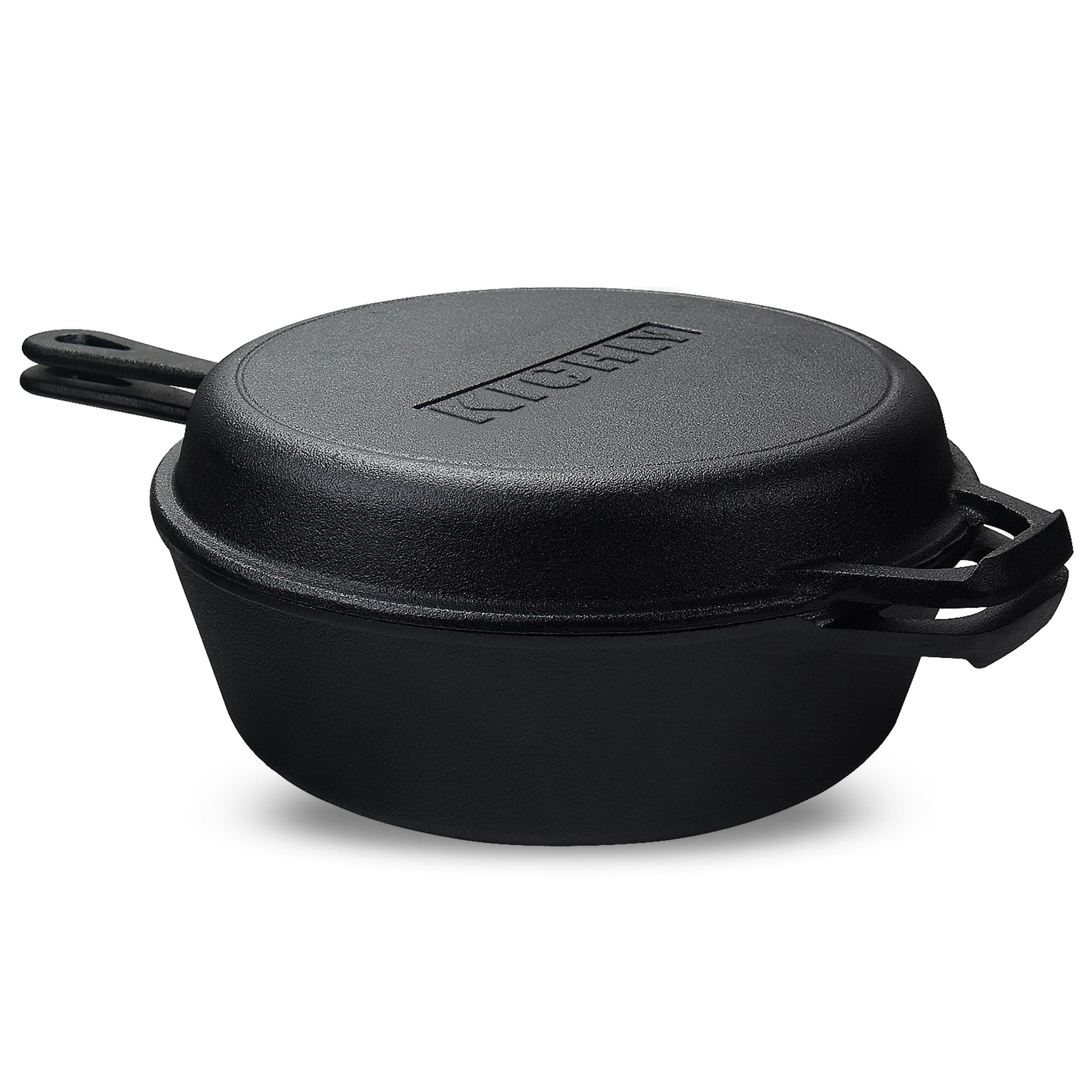 KICHLY 3.0L,3.2 Quart Pre Seasoned Cast Iron Combo Cooker Dutch Oven with Lid, 10.25 Inch, 26 cm Dual Function Skillet Pot with lid, Cast Iron Casserole Dish
