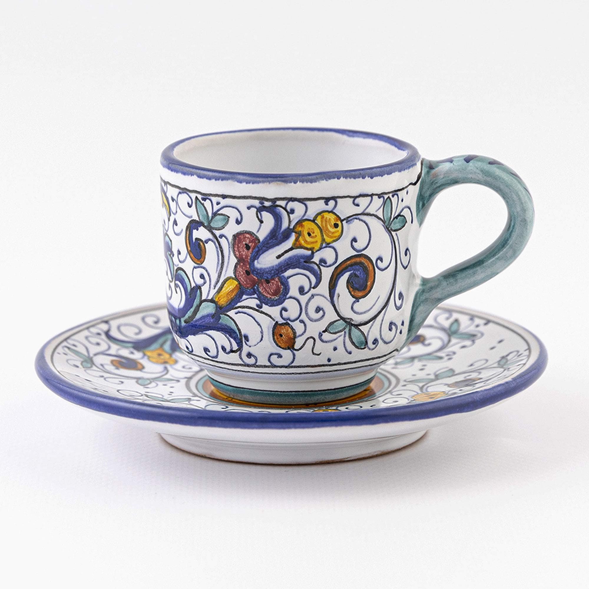thatsArte.com - Italian Ceramic Espresso Cup & Saucer Ricco Deruta Blu - Hand Painted Cup, Made in Italy Ceramics, Handmade Coffee Cups, Italian Ceramics Deruta, Italian Pottery