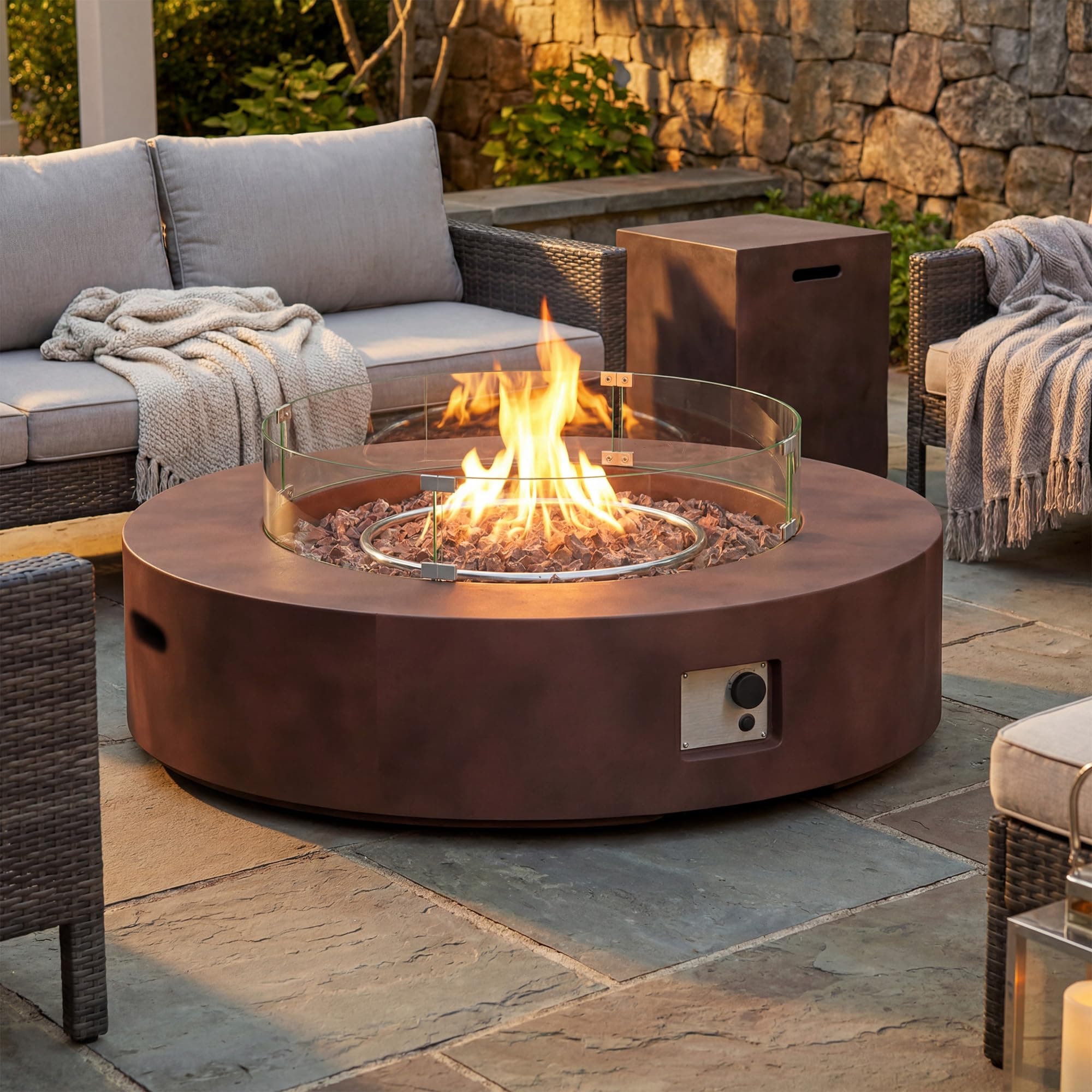COSIEST 2-Piece Outdoor Propane Firepit Table Set w Tank Table, 42 inch Dark Fire Table Certified, 50,000 BTU w Bronze Round Base,Wind Guard and 16 inches Tank Side Table 20lb for Garden,Pool