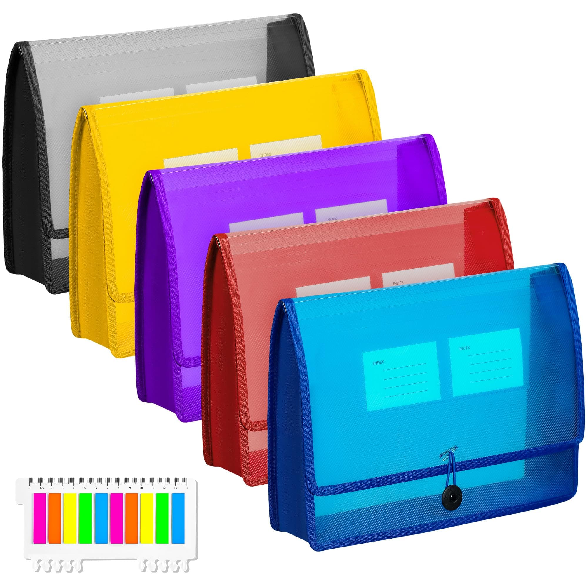 CHEPULA5 Pack A4 Plastic File Wallet Envelope Expanding File Folder Document Organizer with Snap Closure & Label Pocket Clear Colored Waterproof Accordion File Pouch for Office Home