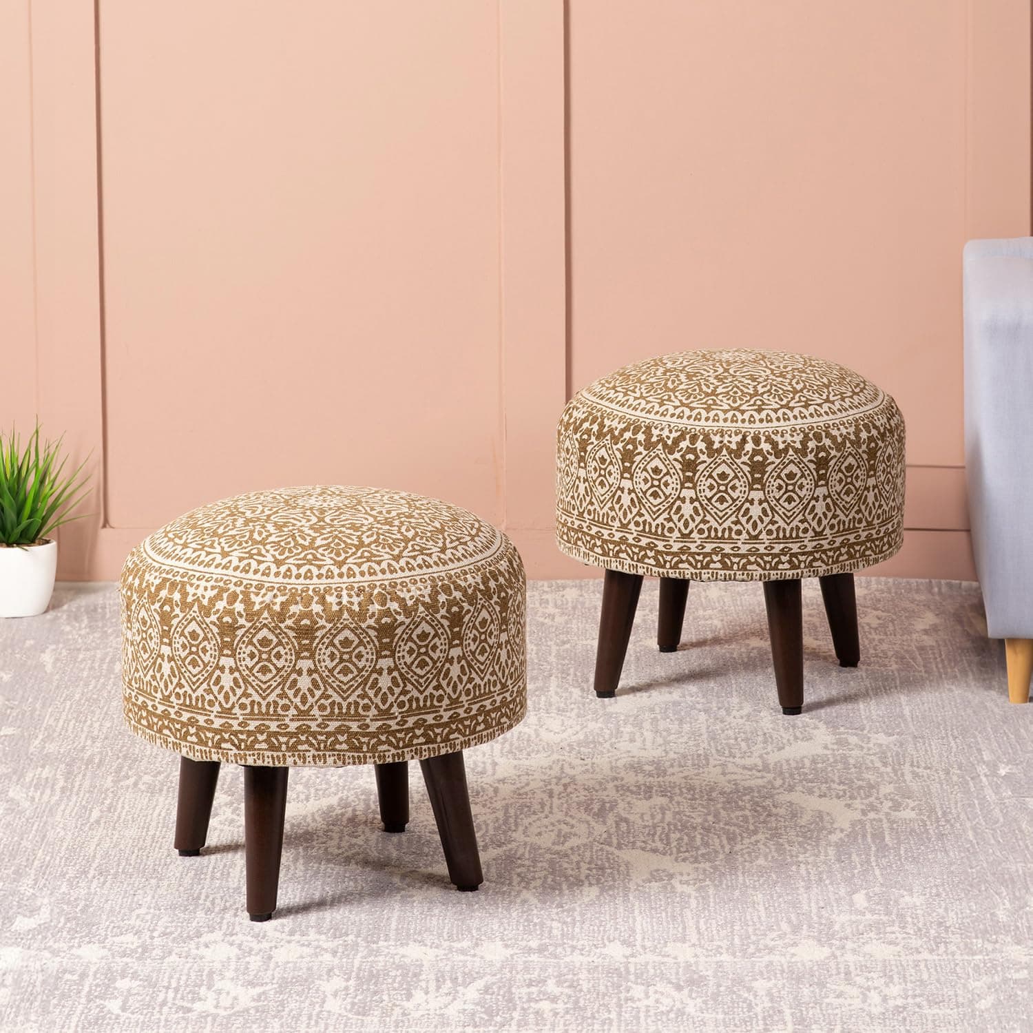 nestroots Ottoman Stool for Living Room Set of 2 | Pouffes for Sitting Printed Ottoman | Foot Rest Ottoman stools with 4 Wooden Legs (14 inch Height, Yellow)